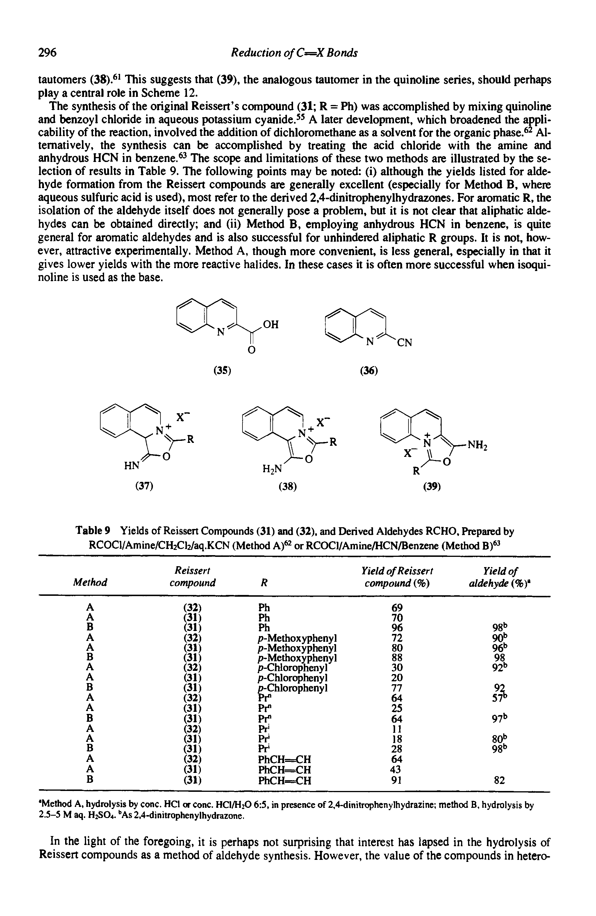 Table 9 Yields of Reissert Compounds (31) and (32), and Derived Aldehydes RCHO, Prepared by RCOCl/Amine/CH2Cl2/aq.KCN (Method A) or RCOCl/Amine/HCN/Benzene (Method B) ...