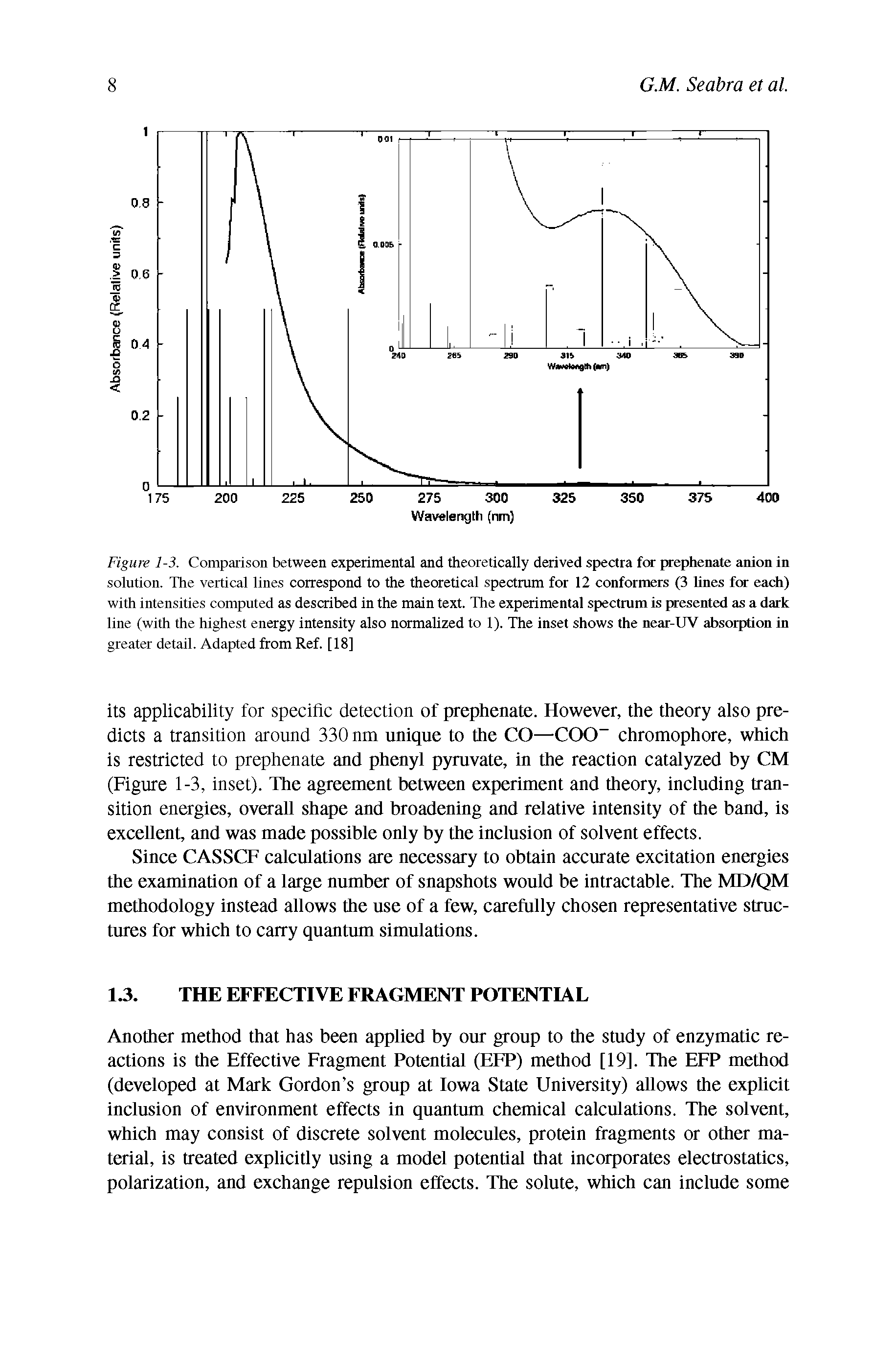 Figure 1-3. Comparison between experimental and theoretically derived spectra for prephenate anion in solution. The vertical lines correspond to the theoretical spectrum for 12 conformers (3 lines for each) with intensities computed as described in the main text. The experimental spectrum is presented as a dark line (with the highest energy intensity also normalized to 1). The inset shows the near-UV absorption in greater detail. Adapted from Ref. [18]...