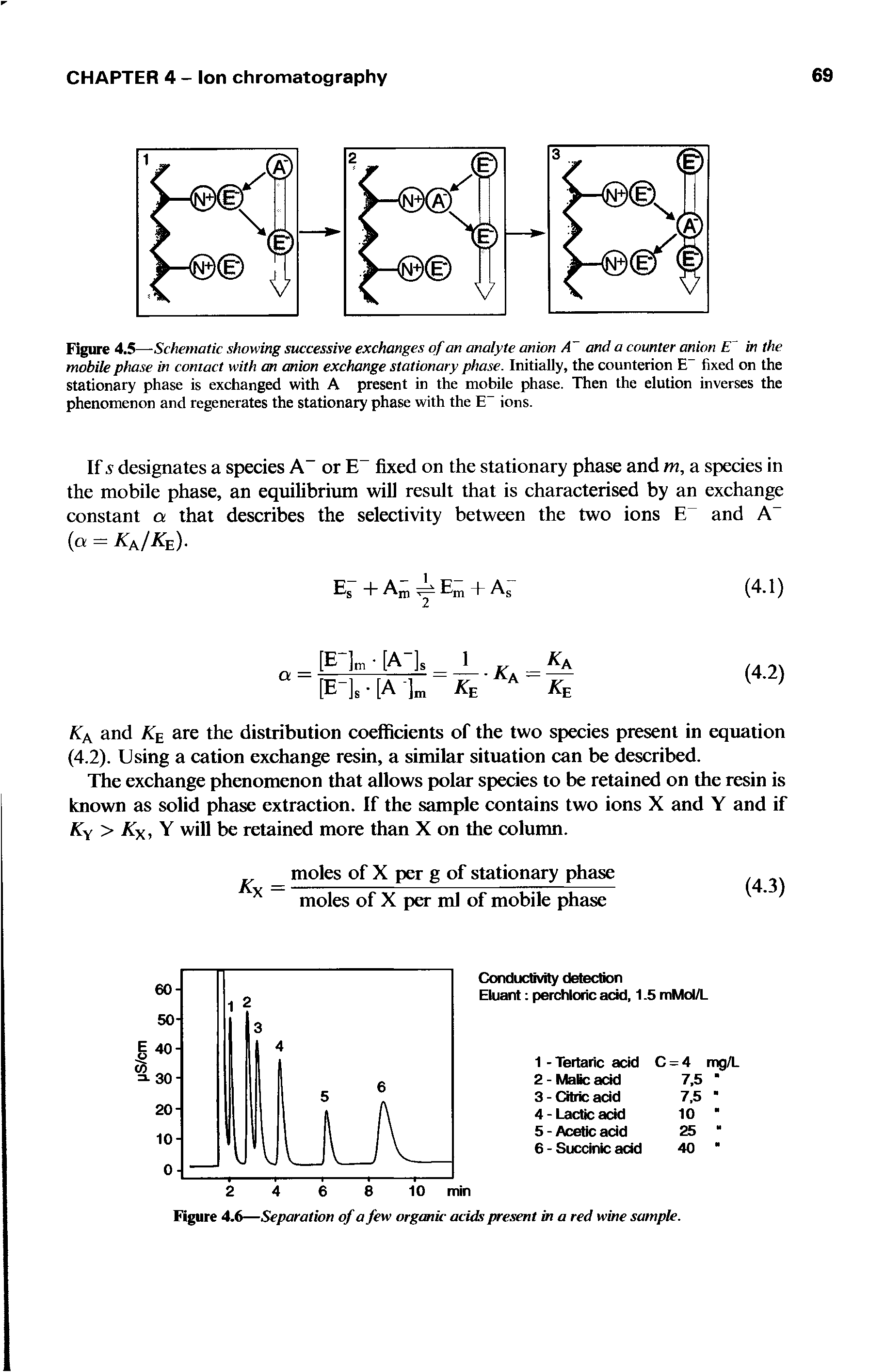 Figure 4.5—Schematic showing successive exchanges of an analyte anion A and a counter anion E in the mobile phase in contact with an anion exchange stationary phase. Initially, the counterion E fixed on the stationary phase is exchanged with A present in the mobile phase. Then the elution inverses the phenomenon and regenerates the stationary phase with the E ions.