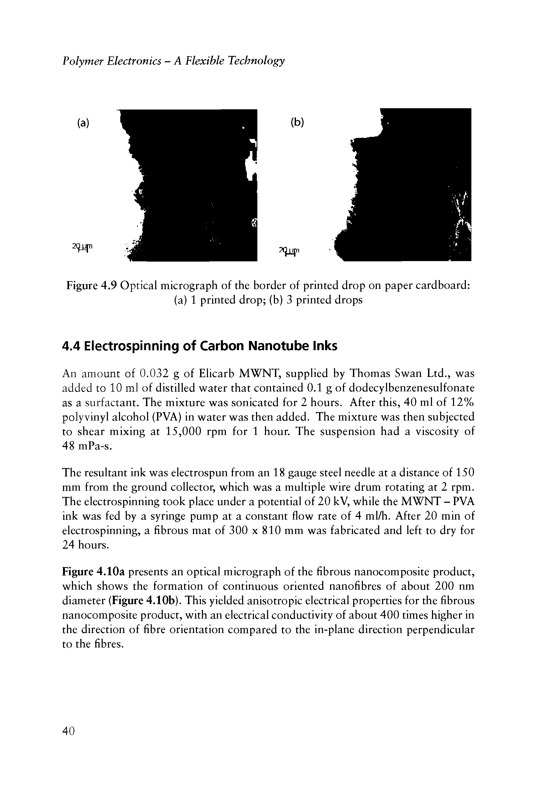 Figure 4.10a presents an optical micrograph of the fibrous nanocomposite product, which shows the formation of continuous oriented nanofibres of about 200 nm diameter (Figure 4.10b). This yielded anisotropic electrical properties for the fibrous nanocomposite product, with an electrical conductivity of about 400 times higher in the direction of fibre orientation compared to the in-plane direction perpendicular to the fibres.