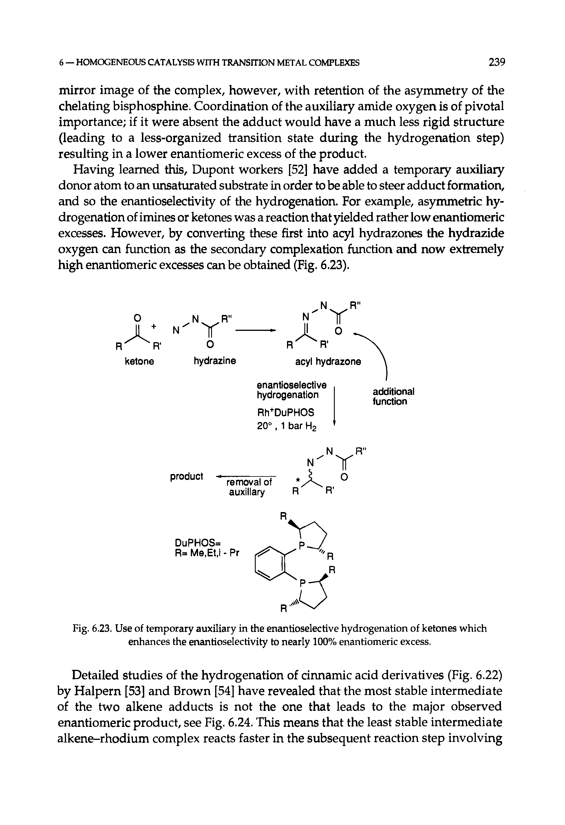 Fig. 6.23. Use of temporary auxiliary in the enantioselective hydrogenation of ketones which enhances the enantioselectivity to nearly 100% enantiomeric excess.