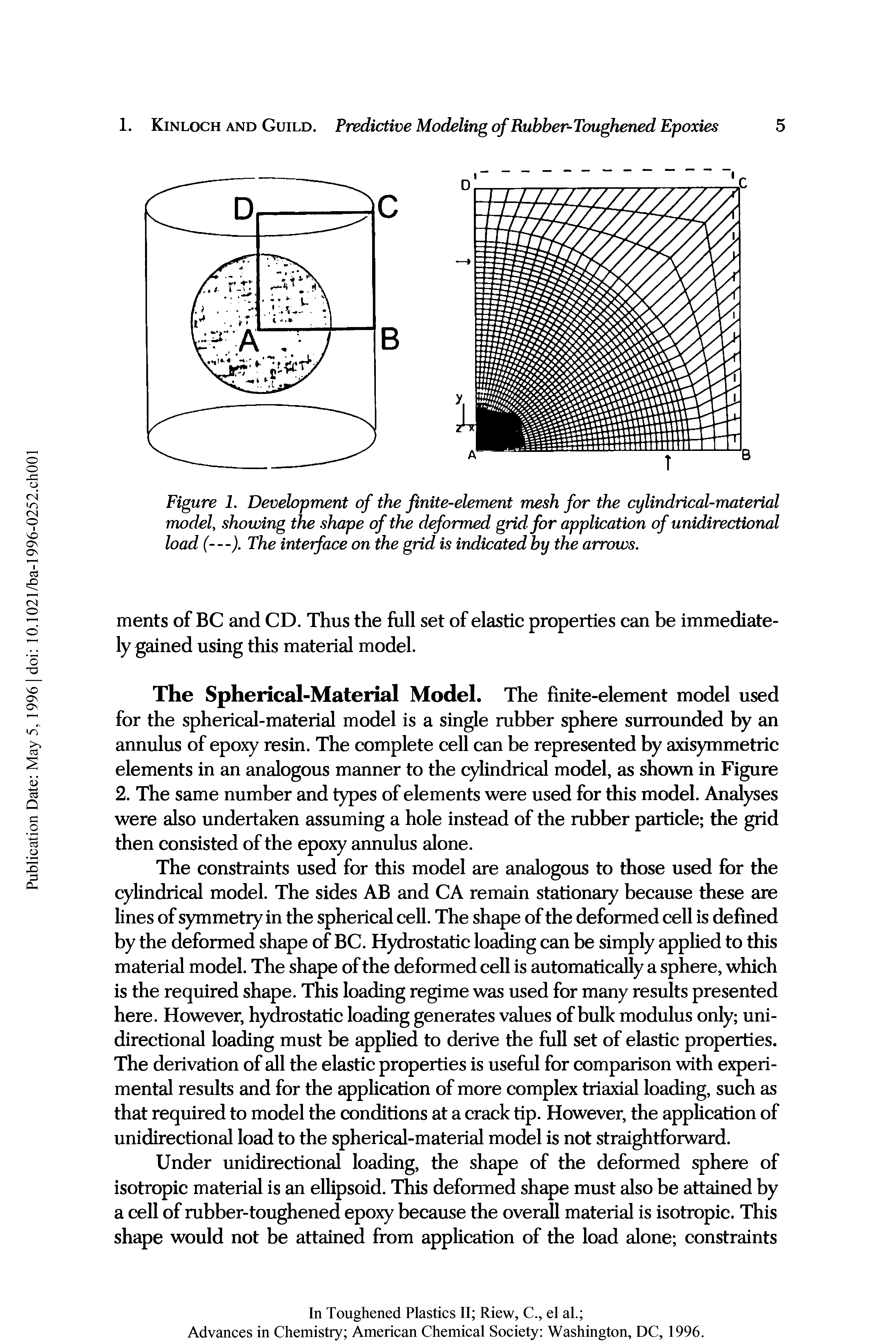 Figure 1. Development of the finite-element mesh for the cylindrical-material model, showing the shape of the deformed grid for application of unidirectional load (---). The interface on the grid is indicated by the arrows.