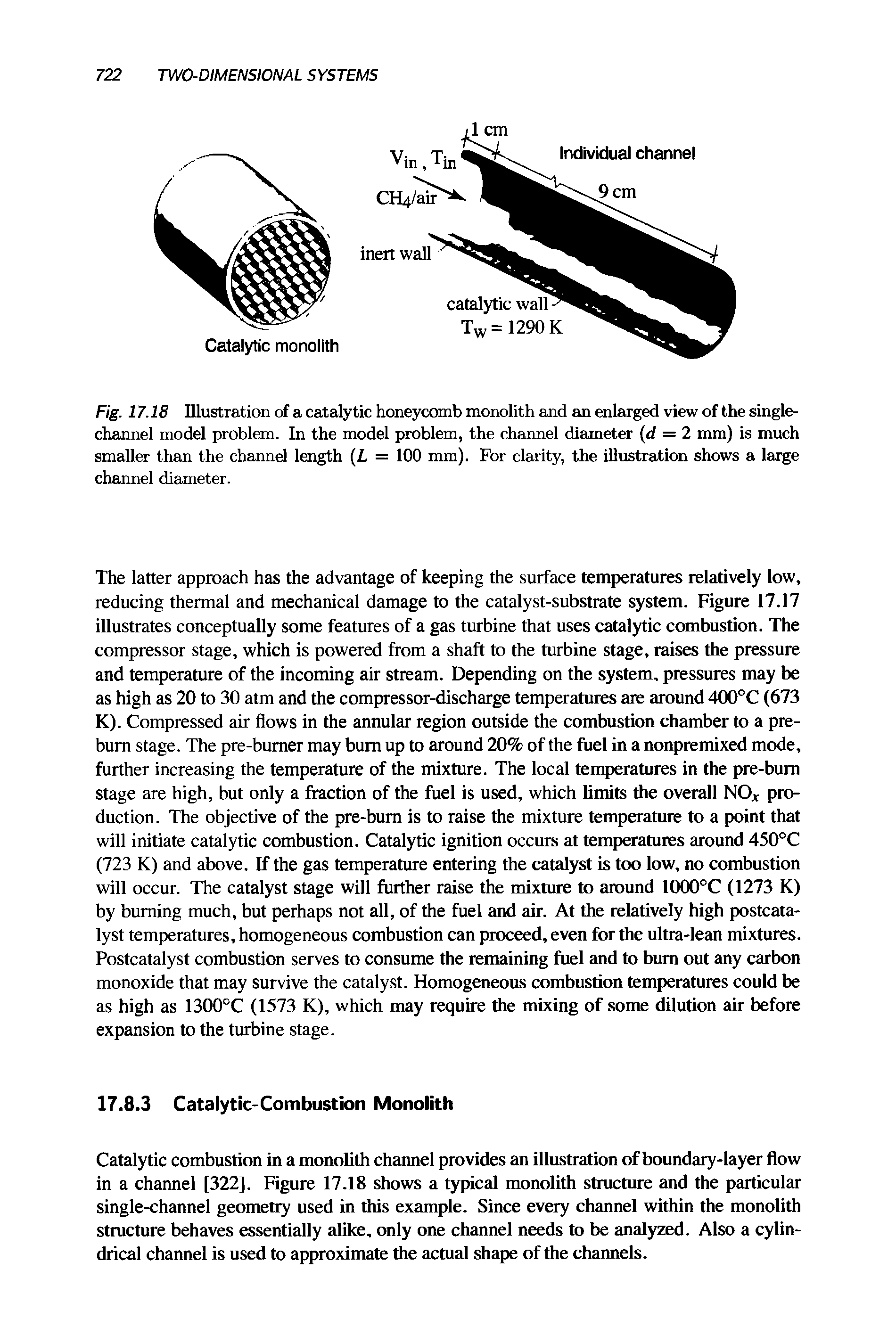 Fig. 17.18 Illustration of a catalytic honeycomb monolith and an enlarged view of the singlechannel model problem. In the model problem, the channel diameter (d = 2 mm) is much smaller than the channel length (L = 100 mm). For clarity, the illustration shows a large channel diameter.