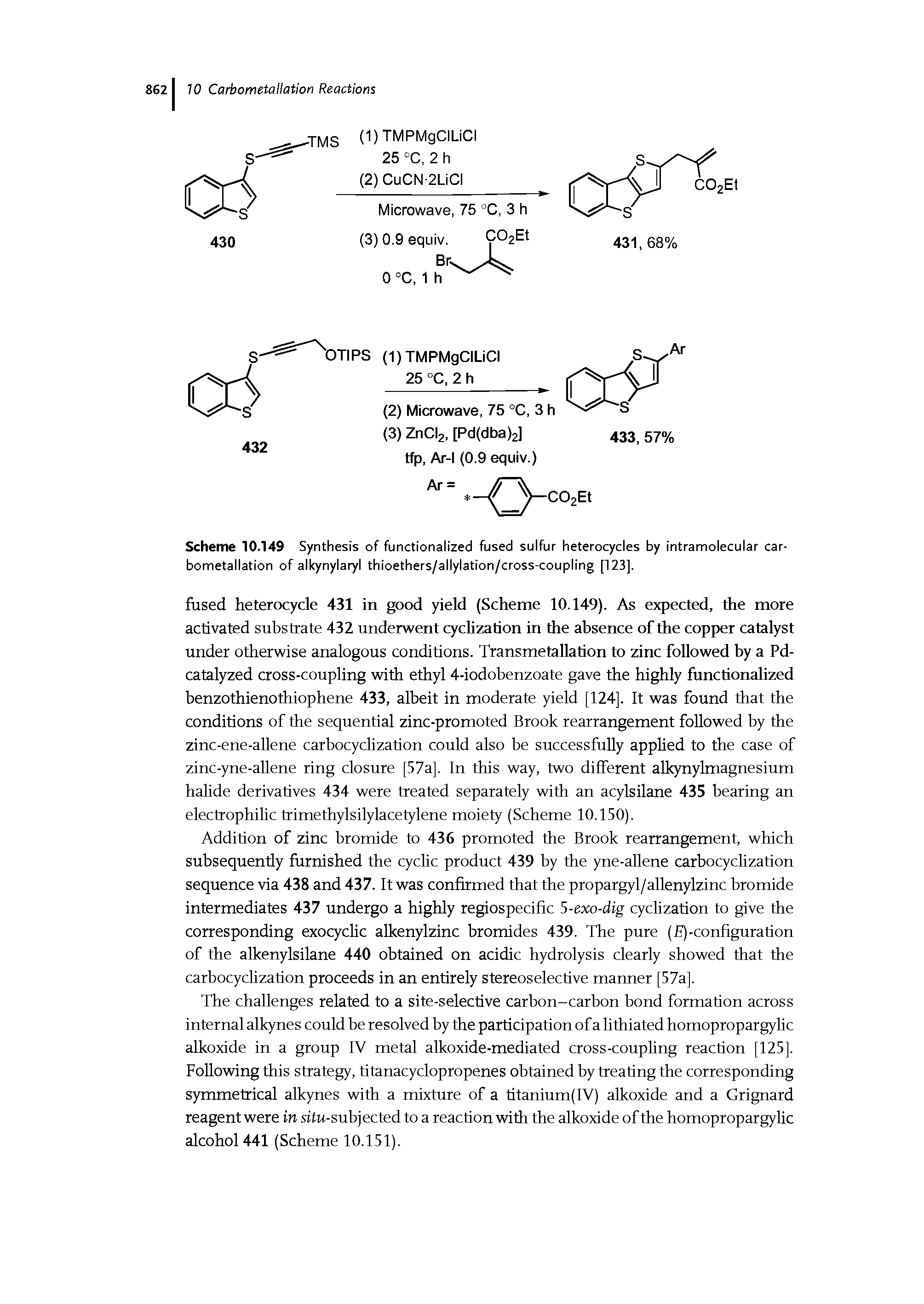 Scheme 10.149 Synthesis of functionalized fused sulfur heterocycles by intramolecular carbometallation of alkynylaryl thioethers/allylation/cross-coupling [123].