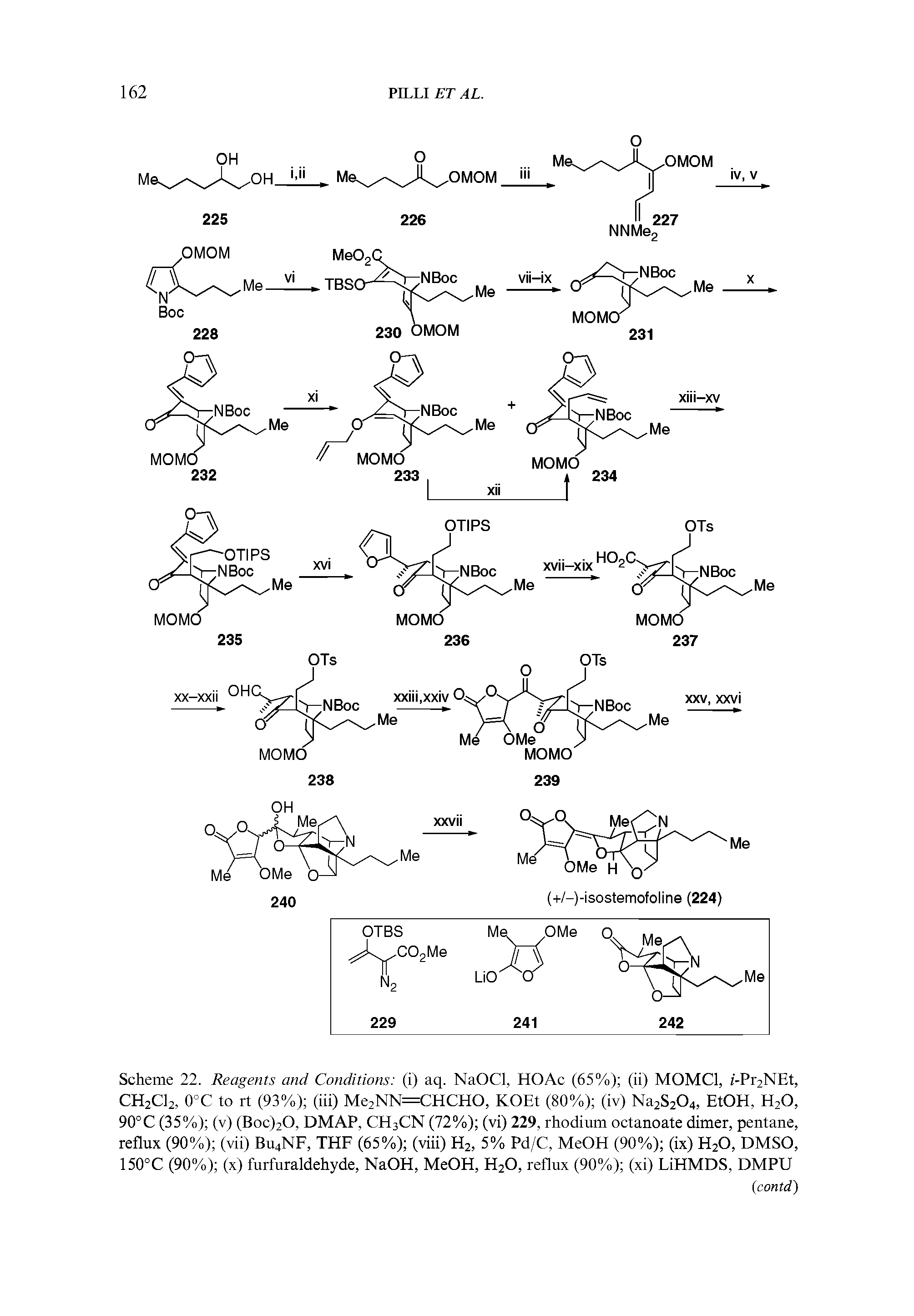 Scheme 22. Reagents and Conditions (i) aq. NaOCl, HOAc (65%) (ii) MOMCl, /-Pr2NEt, CH2CI2, 0°C to rt (93%) (iii) Me2NN=CHCHO, KOEt (80%) (iv) Na2S204, EtOH, H2O, 90°C (35%) (v) (Boc)20, DMAP, CH3CN (72%) (vi) 229, rhodium octanoate dimer, pentane, reflux (90%) (vii) BU4NF, THE (65%) (viii) H2, 5% Pd/C, MeOH (90%) (ix) H2O, DMSO, 150°C (90%) (x) furfuraldehyde, NaOH, MeOH, H2O, reflux (90%) (xi) LiHMDS, DMPU...
