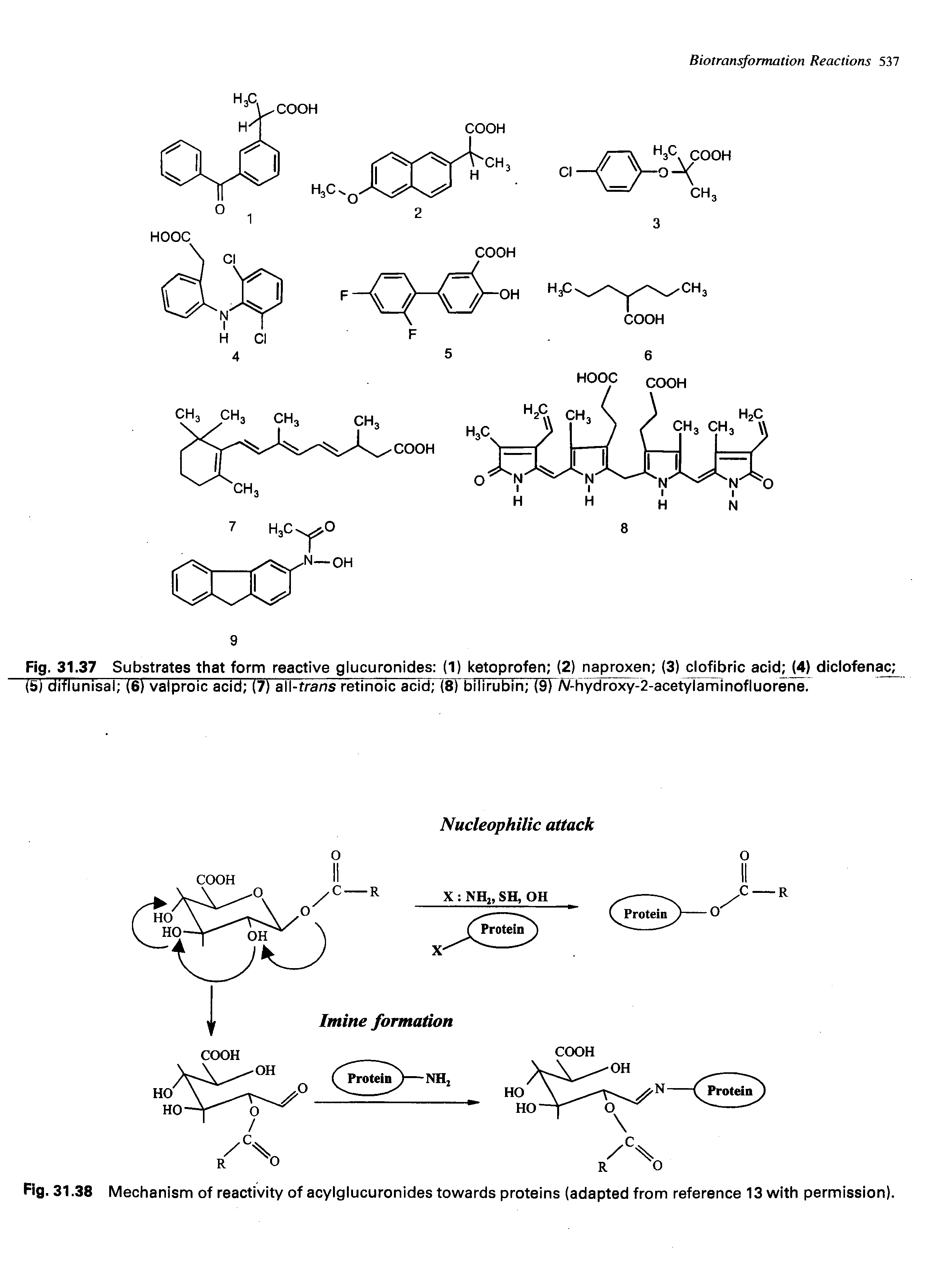 Fig. 31.37 Substrates that form reactive glucuronides (1) ketoprofen (2) naproxen (3) clofibric acid (4) diclofenac (5) diflunisal (6) valproic acid (7) all-frans retinoic acid (8) bilirubin (9) A/-hydroxy-2-acetyTaminofluorene.