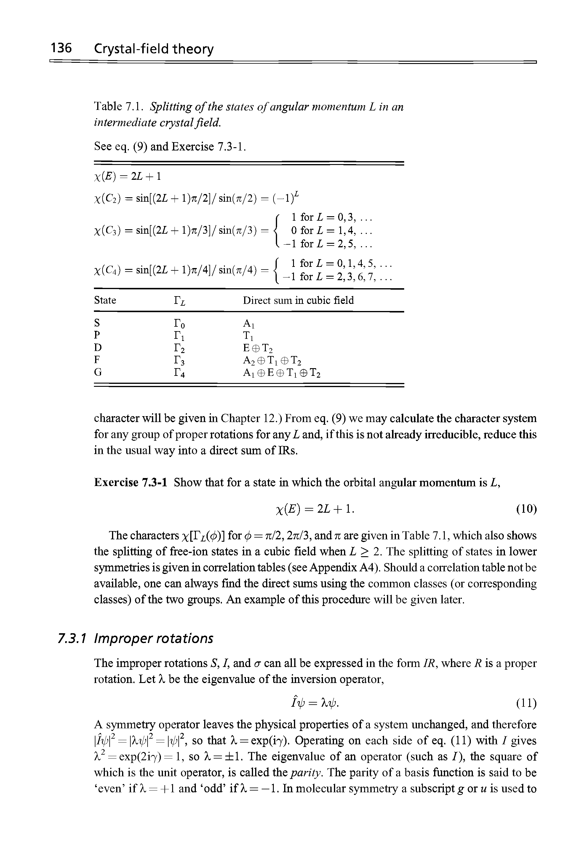 Table 7.1. Splitting of the states of angular momentum L in an intermediate crystal field.