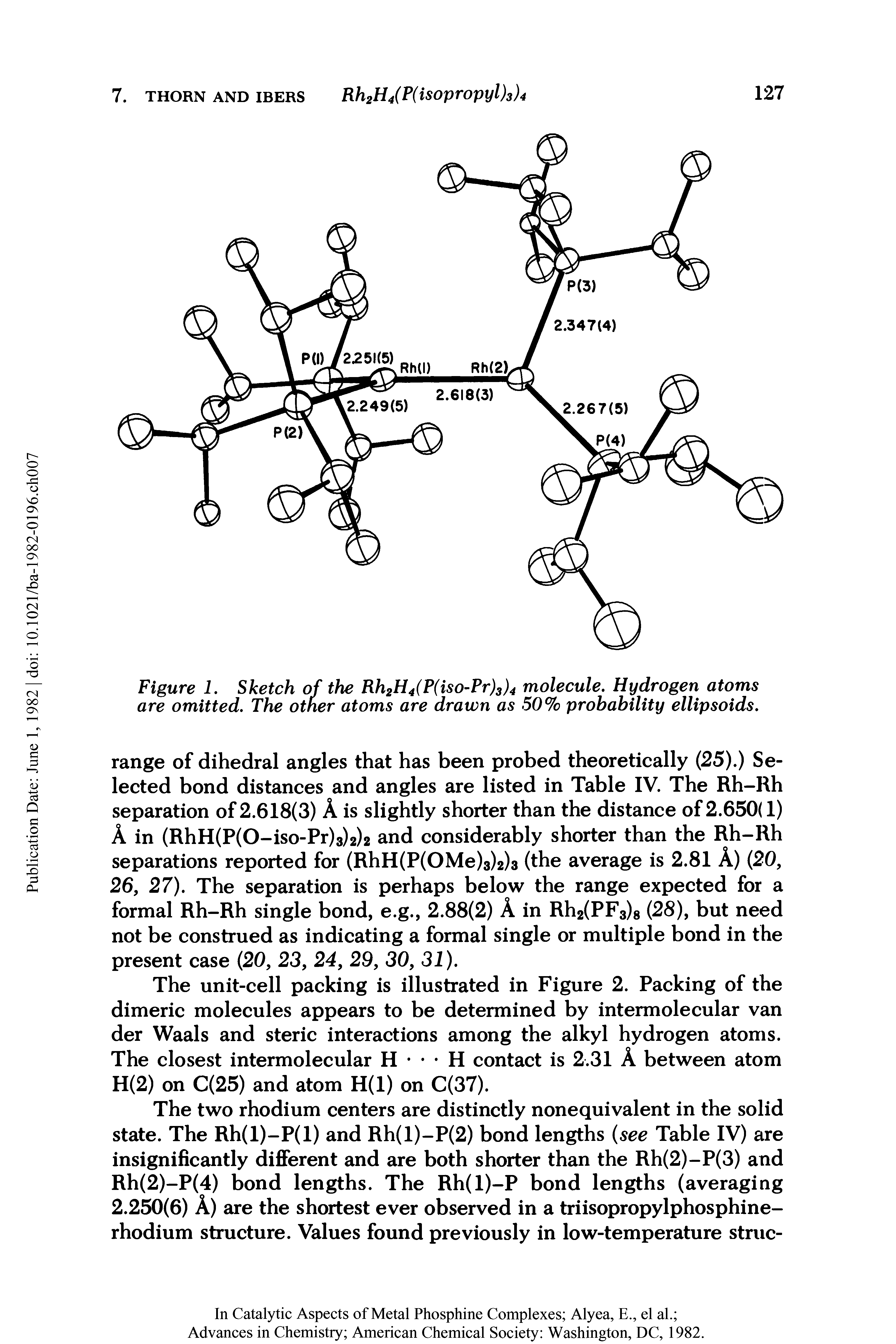 Figure 1. Sketch of the Rh2H4(P(iso-Pr)3)4 molecule. Hydrogen atoms are omitted. The other atoms are drawn as 50% probability ellipsoids.