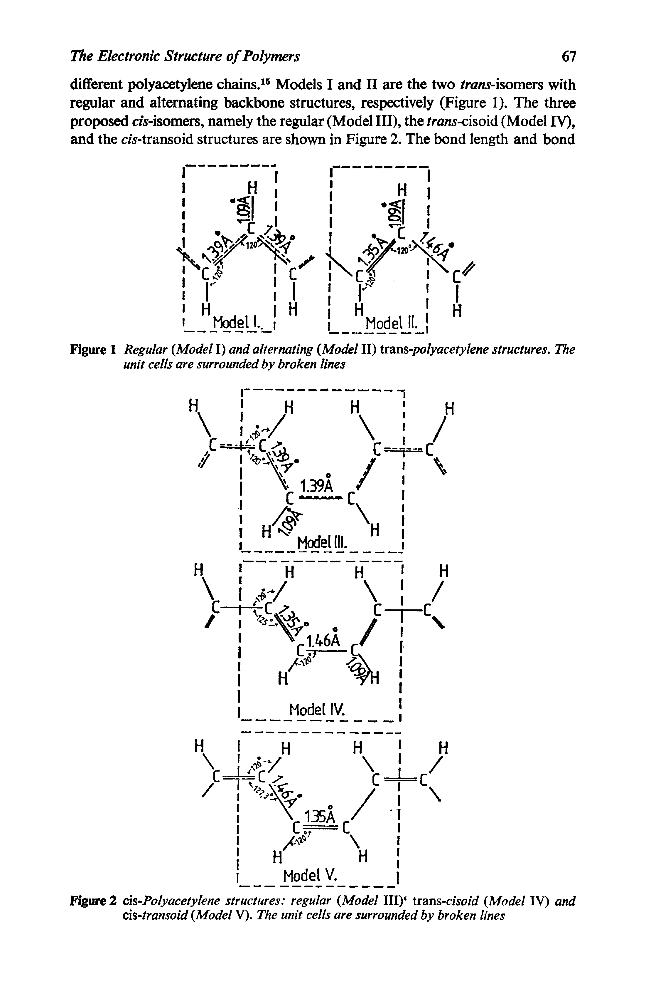 Figure 1 Regular (Model I) and alternating (Model II) trans-polyacetylene structures. The unit cells are surrounded by broken lines...