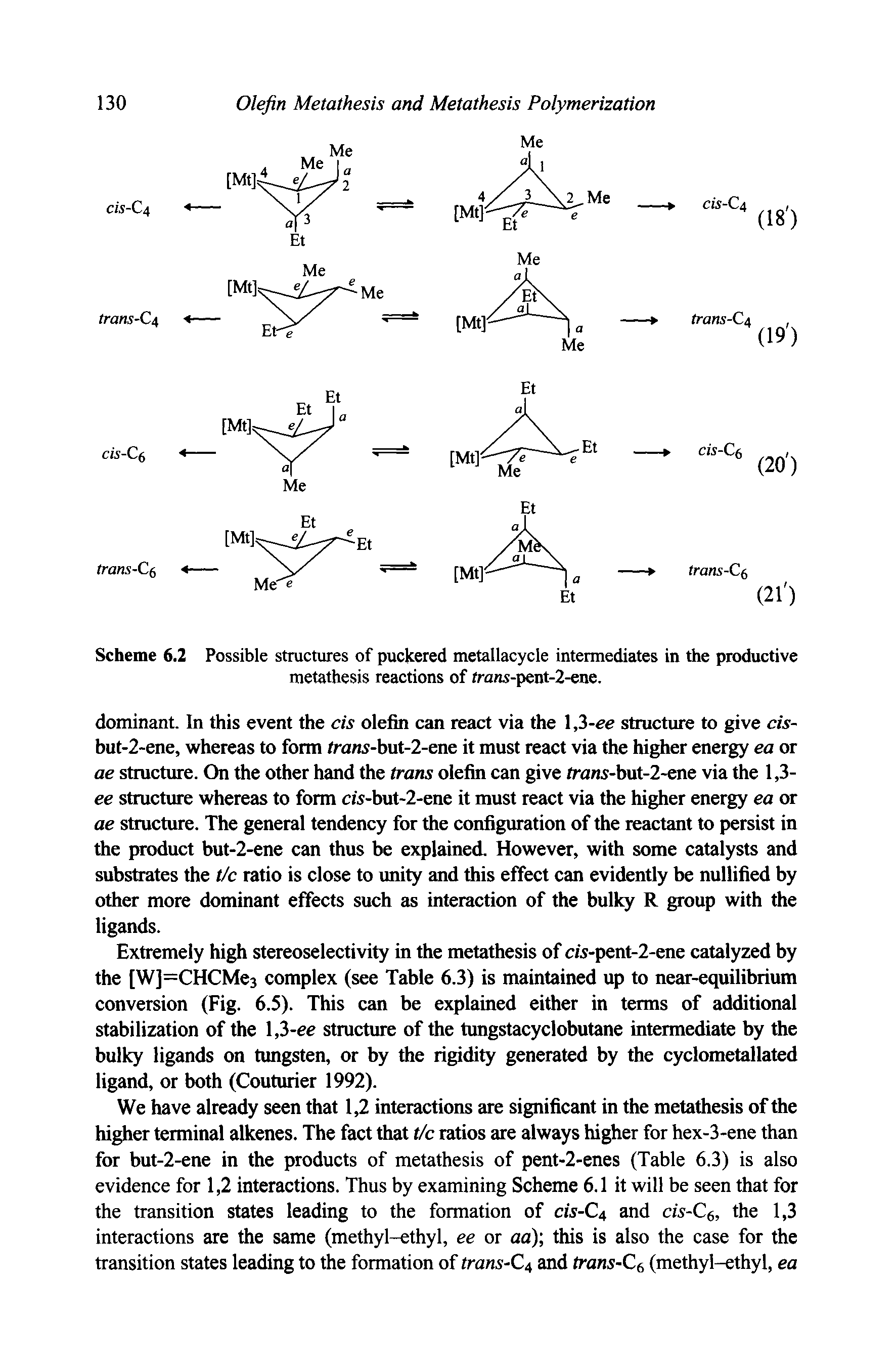 Scheme 6.2 Possible structures of puckered metallacycle intermediates in the productive metathesis reactions of trans-pent-2-ene.