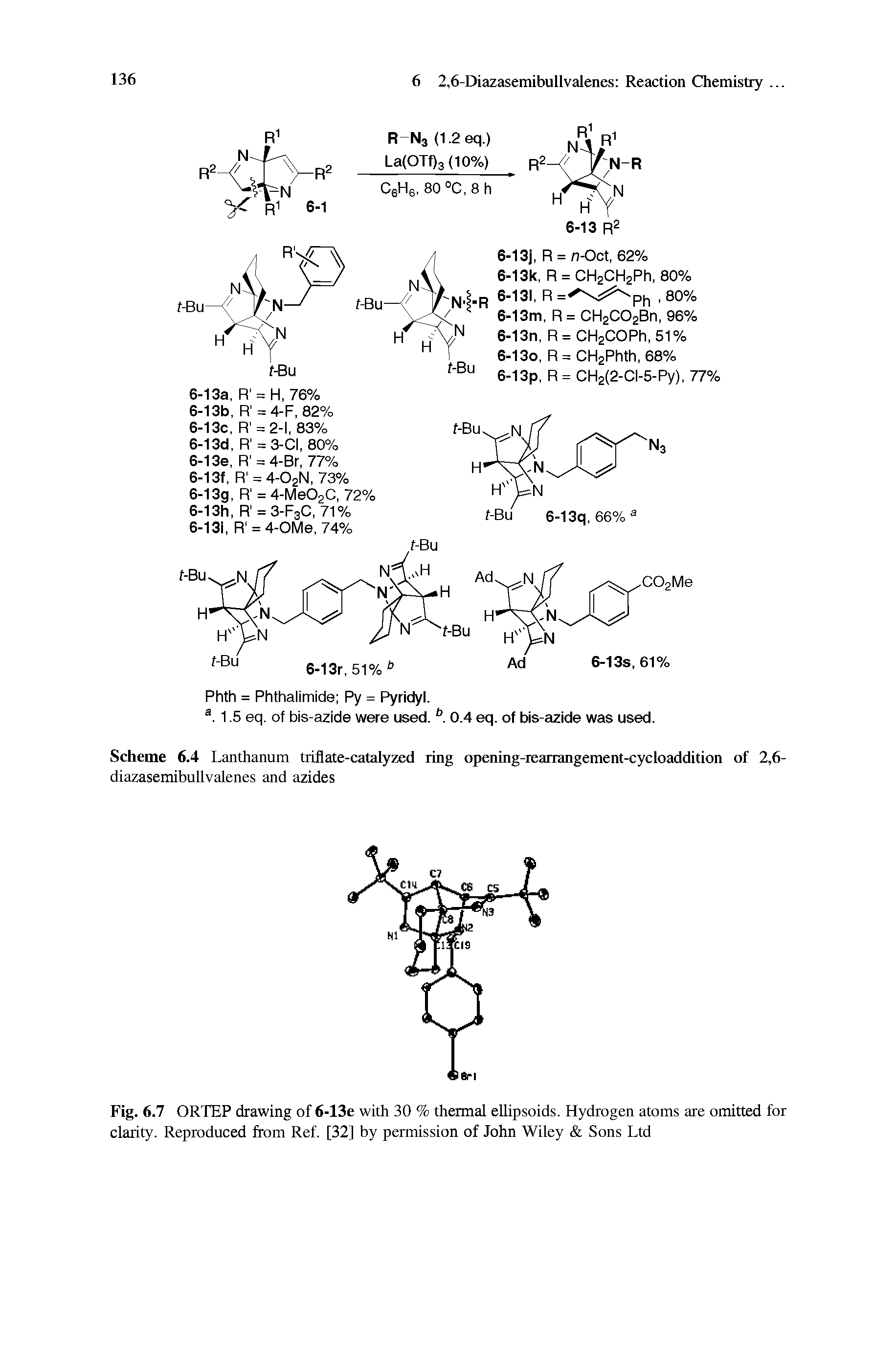 Scheme 6.4 Lanthanum triflate-catalyzed ring opening-rearrangement-cycloaddition of 2,6-diazasemibullvalenes and azides...