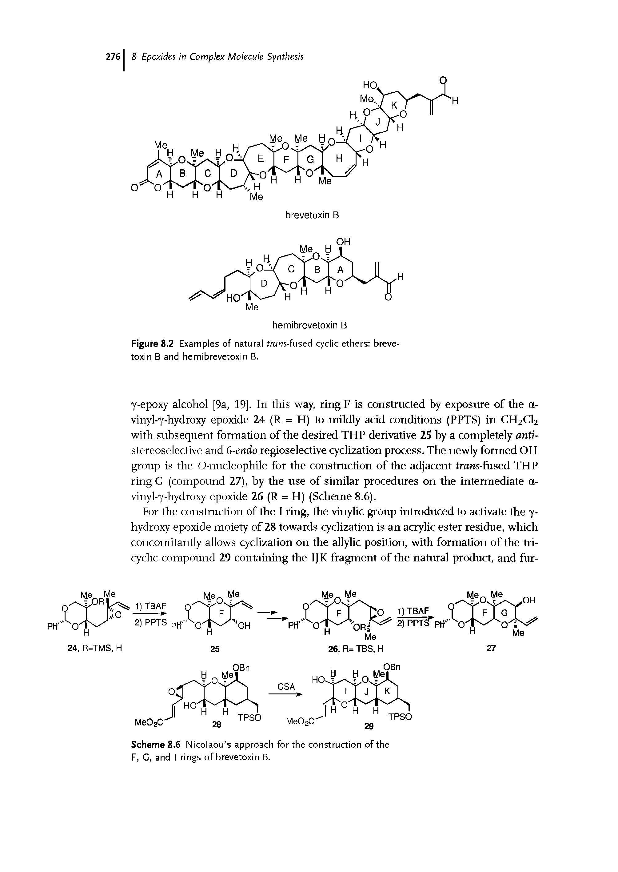 Figure 8.2 Examples of natural tram-fused cyclic ethers brevetoxin B and hemibrevetoxin B.