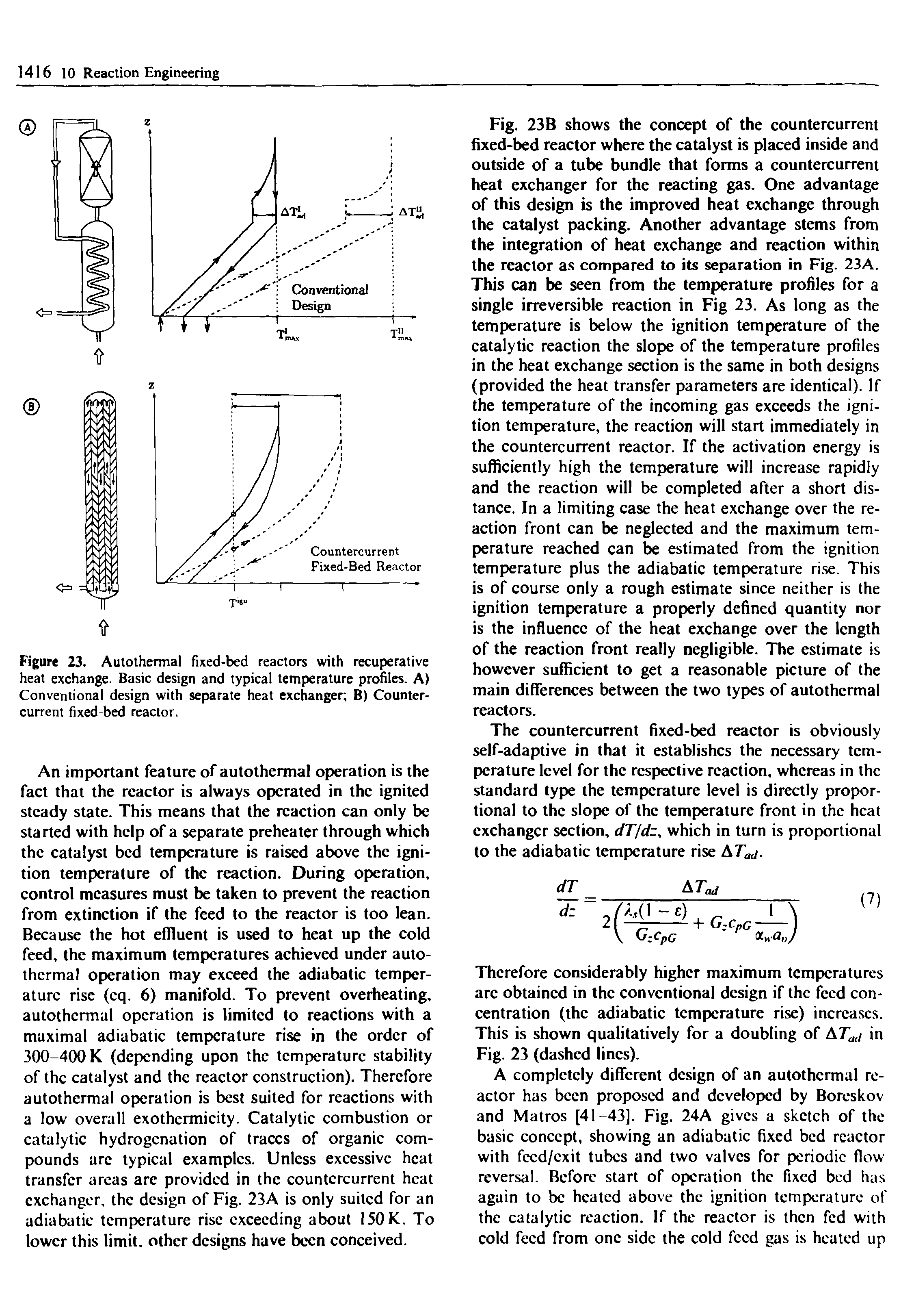 Figure 23. Autothermal fixed-bed reactors with recuperative heat exchange. Basic design and typical temperature profiles. A) Conventional design with separate heat exchanger B) Counter-current fixed-bed reactor.