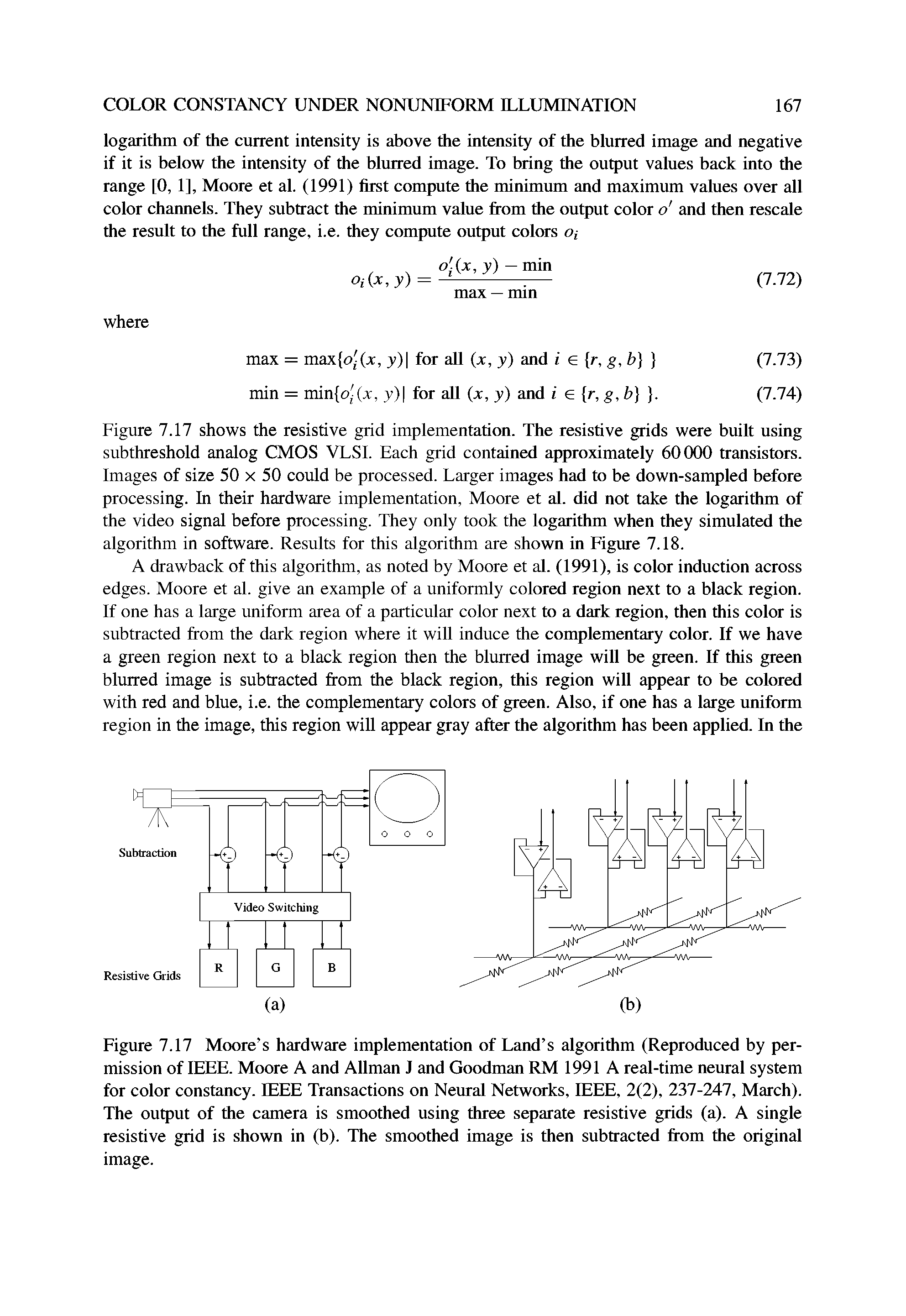 Figure 7.17 Moore s hardware implementation of Land s algorithm (Reproduced by permission of IEEE. Moore A and Allman J and Goodman RM 1991 A real-time neural system for color constancy. IEEE Transactions on Neural Networks, IEEE, 2(2), 237-247, March). The output of the camera is smoothed using three separate resistive grids (a). A single resistive grid is shown in (b). The smoothed image is then subtracted from the original image.