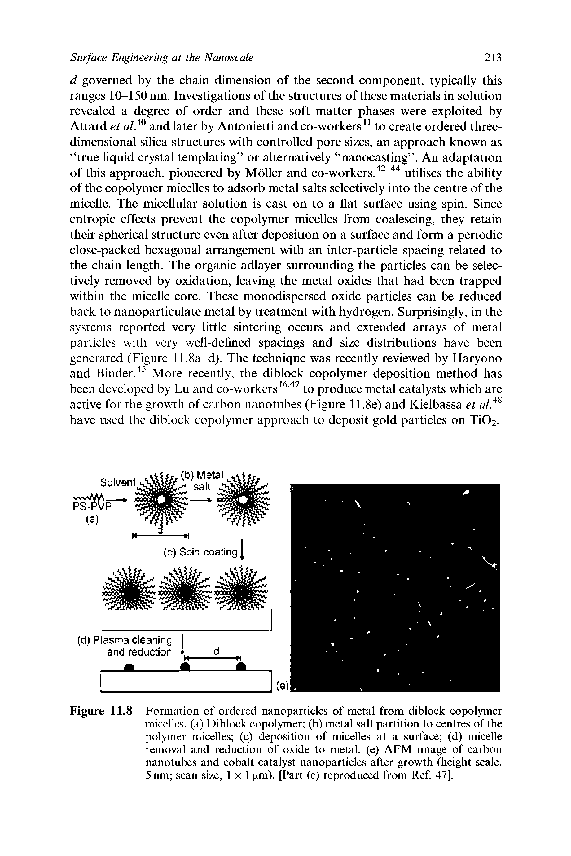 Figure 11.8 Formation of ordered nanoparticles of metal from diblock copolymer micelles, (a) Diblock copolymer (b) metal salt partition to centres of the polymer micelles (c) deposition of micelles at a surface (d) micelle removal and reduction of oxide to metal, (e) AFM image of carbon nanotubes and cobalt catalyst nanoparticles after growth (height scale, 5 nm scan size, lxl pm). [Part (e) reproduced from Ref. 47].