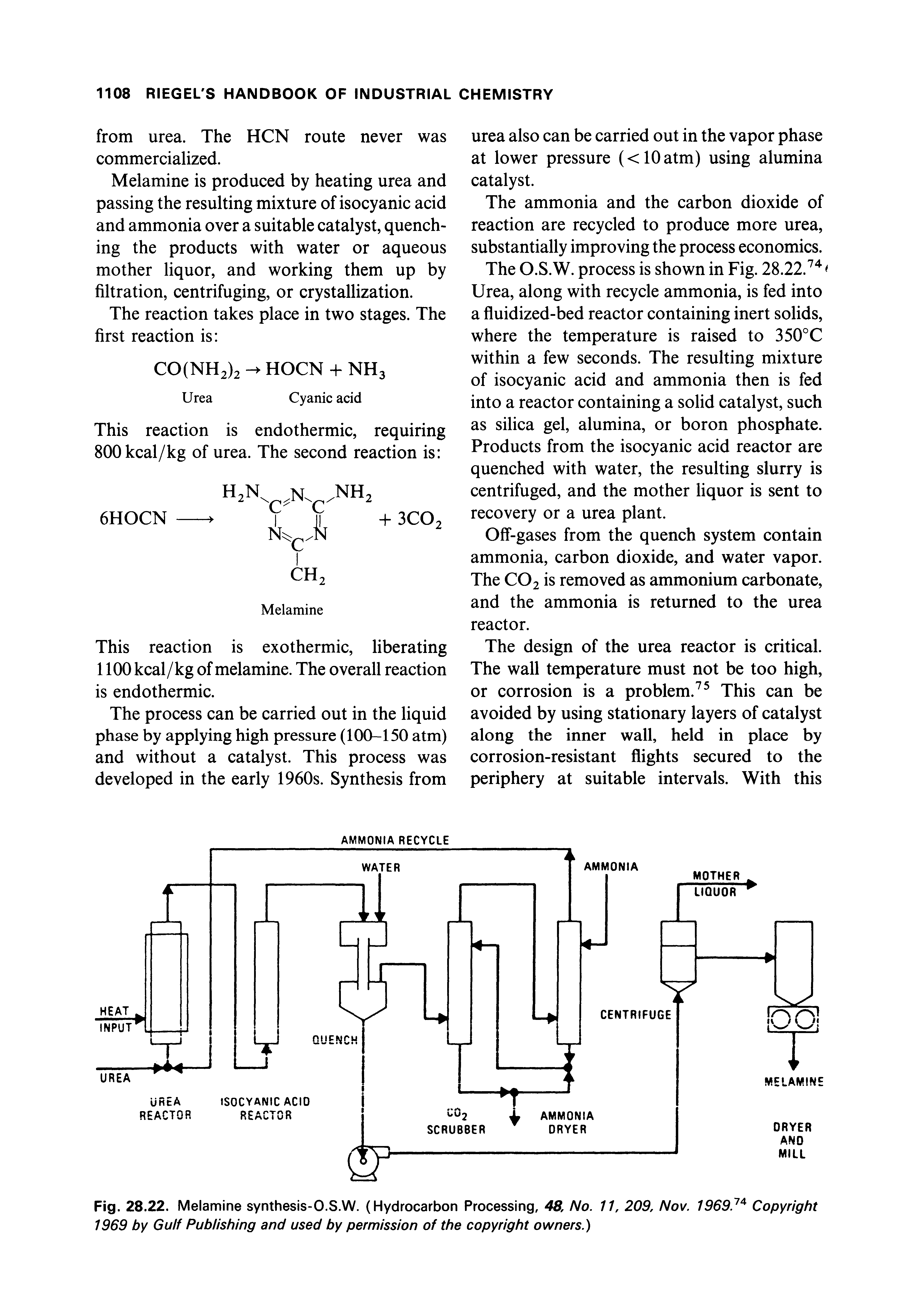 Fig. 28.22. Melamine synthesis-0.S.W. (Hydrocarbon Processing, 48, No. 11, 209, Nov. 1969. Copyright 1969 by Gulf Publishing and used by permission of the copyright owners.)...
