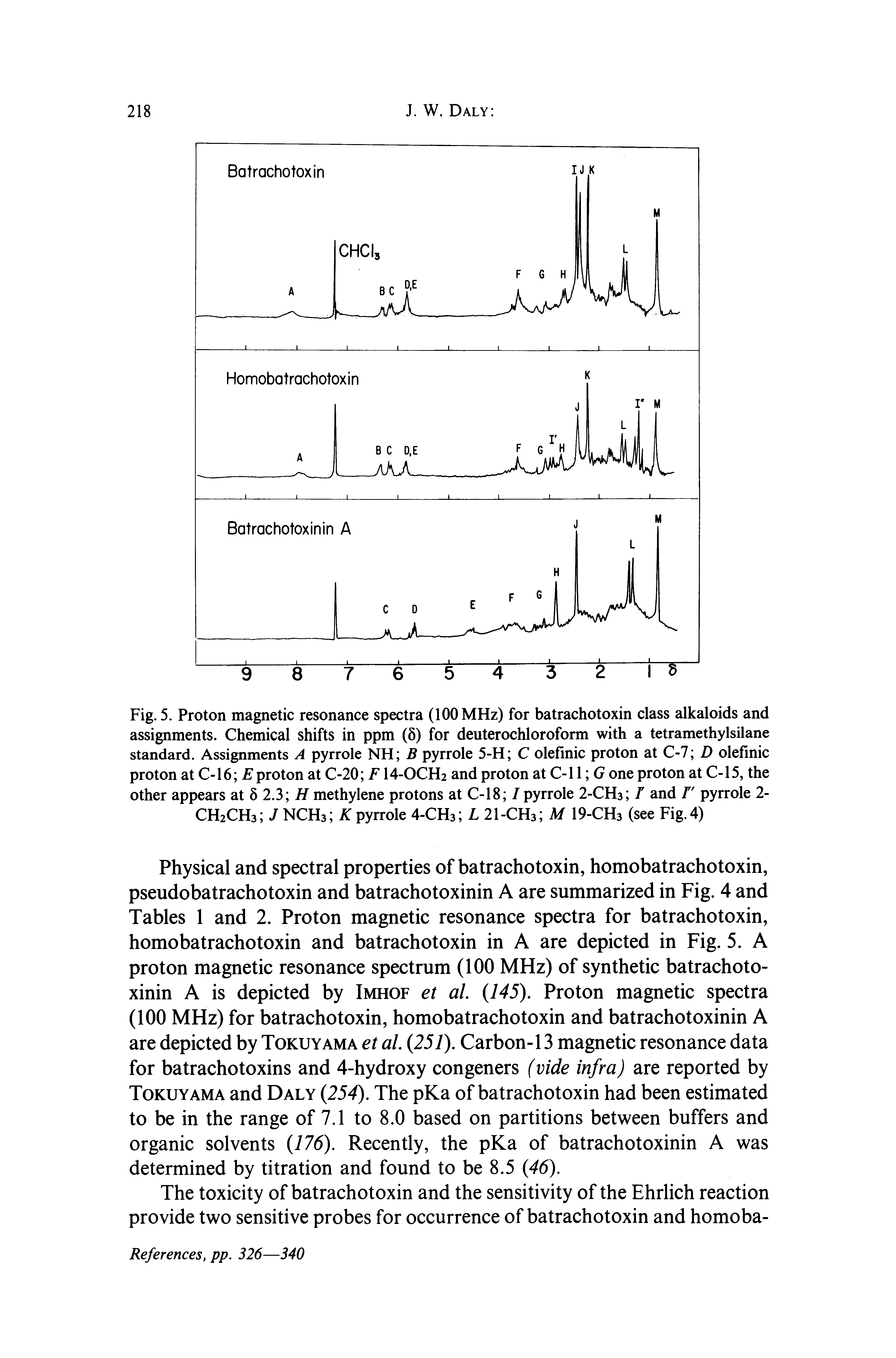 Fig. 5. Proton magnetic resonance spectra (100 MHz) for batrachotoxin class alkaloids and assignments. Chemical shifts in ppm (5) for deuterochloroform with a tetramethylsilane standard. Assignments A pyrrole NH B pyrrole 5-H C olefinic proton at C-7 D oleflnic proton at C-16 proton at C-20 FI4-OCH2 and proton at C-11 G one proton at C-15, the other appears at 6 2.3 methylene protons at C-18 / pyrrole 2-CH3 T and / pyrrole 2-CH2CH3 / NCH3 K pyrrole 4-CH3 L 2I-CH3 M I9-CH3 (see Fig. 4)...