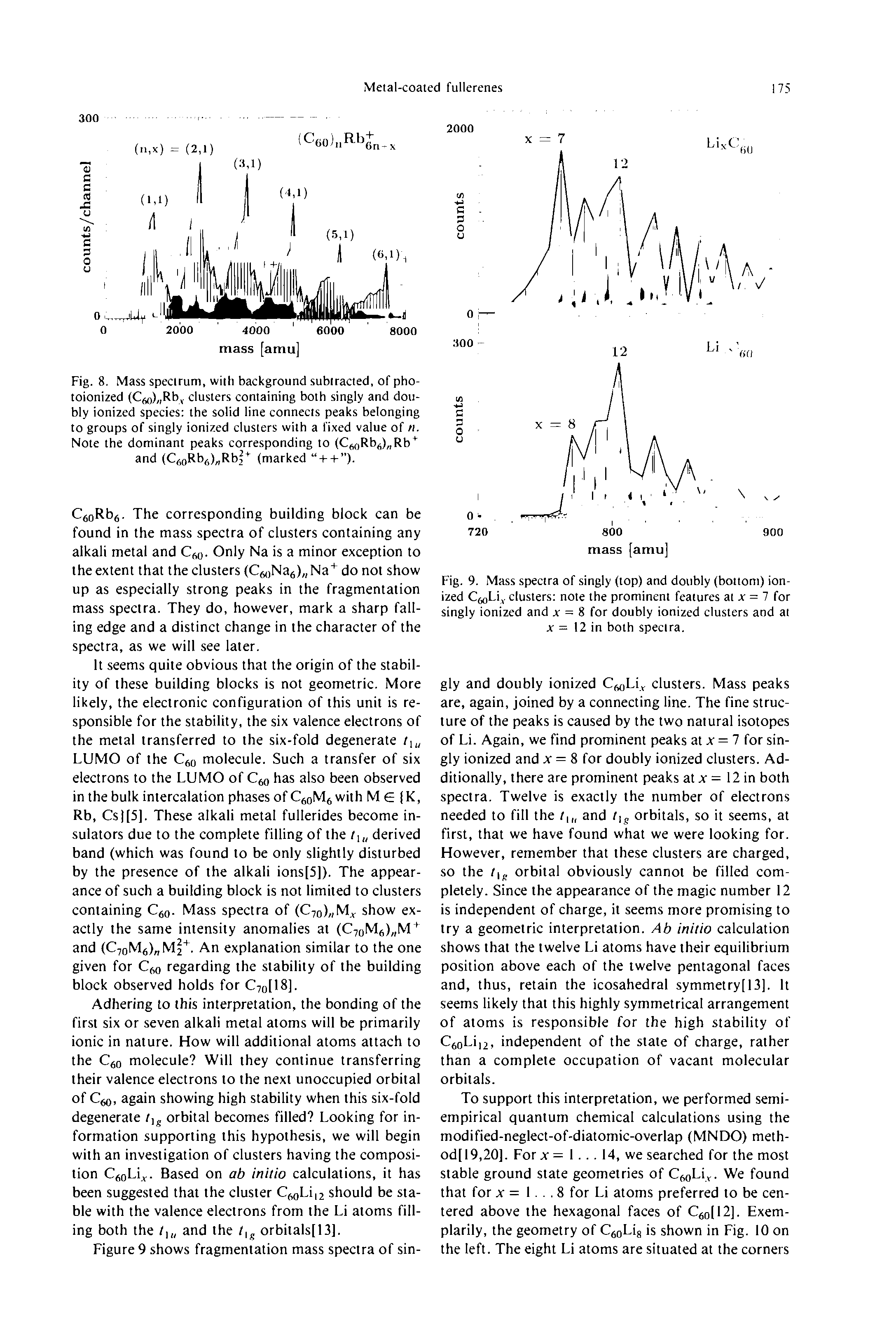 Fig. 8. Mass spectrum, with background subtracted, of pbo-toionized (Cfto) Rbv clusters containing both singly and doubly ionized species tbe solid line connects peaks belonging to groups of singly ionized clusters with a fixed value of n. Note tbe dominant peaks corresponding to (C (,Rb, ) Rb and (QoRb,.,) Rb2 (marked...