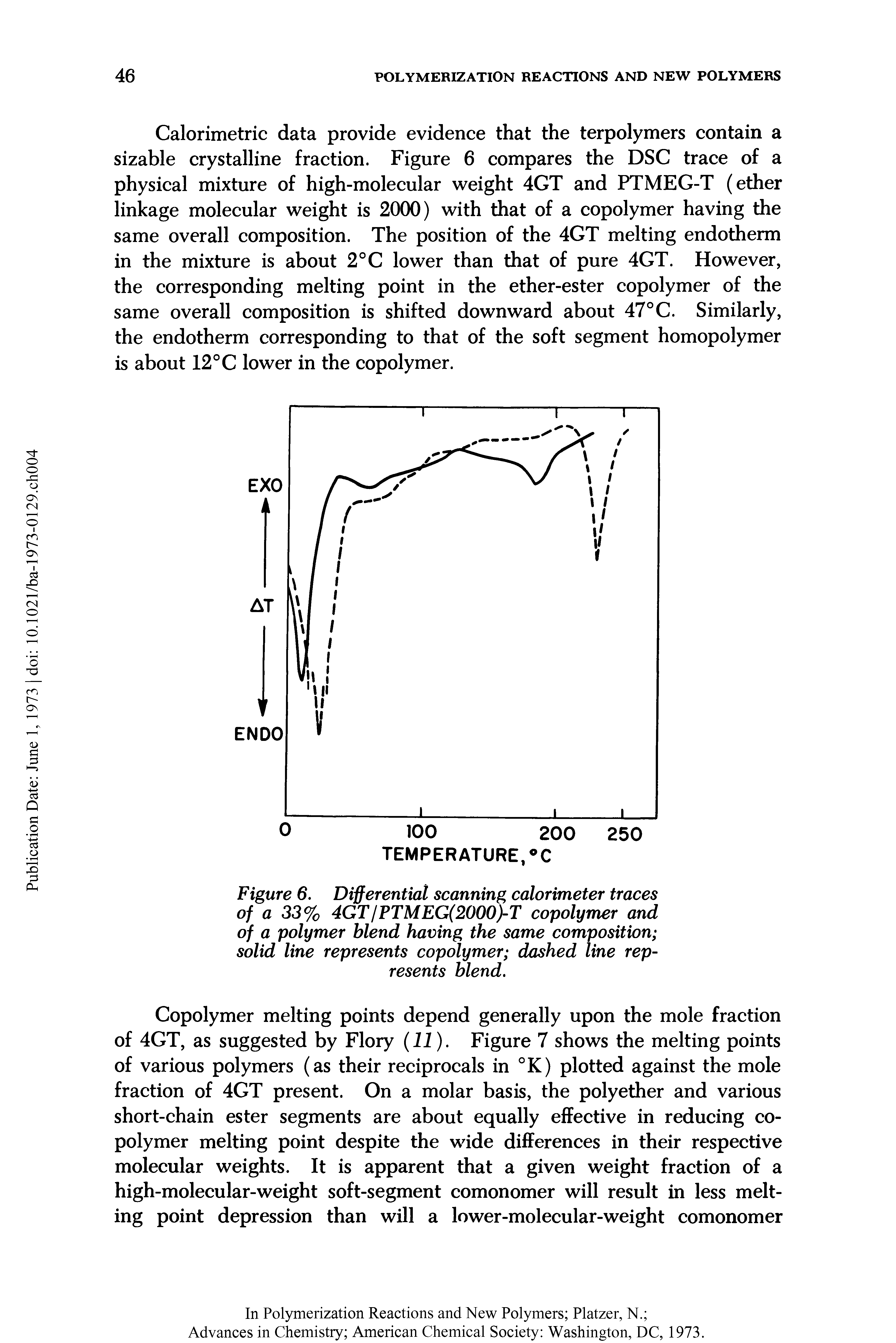 Figure 6. Differential scanning calorimeter traces of a 33% 4GT/PTMEG(2000)-T copolymer and of a polymer blend having the same composition solid line represents copolymer dashed line represents blend.