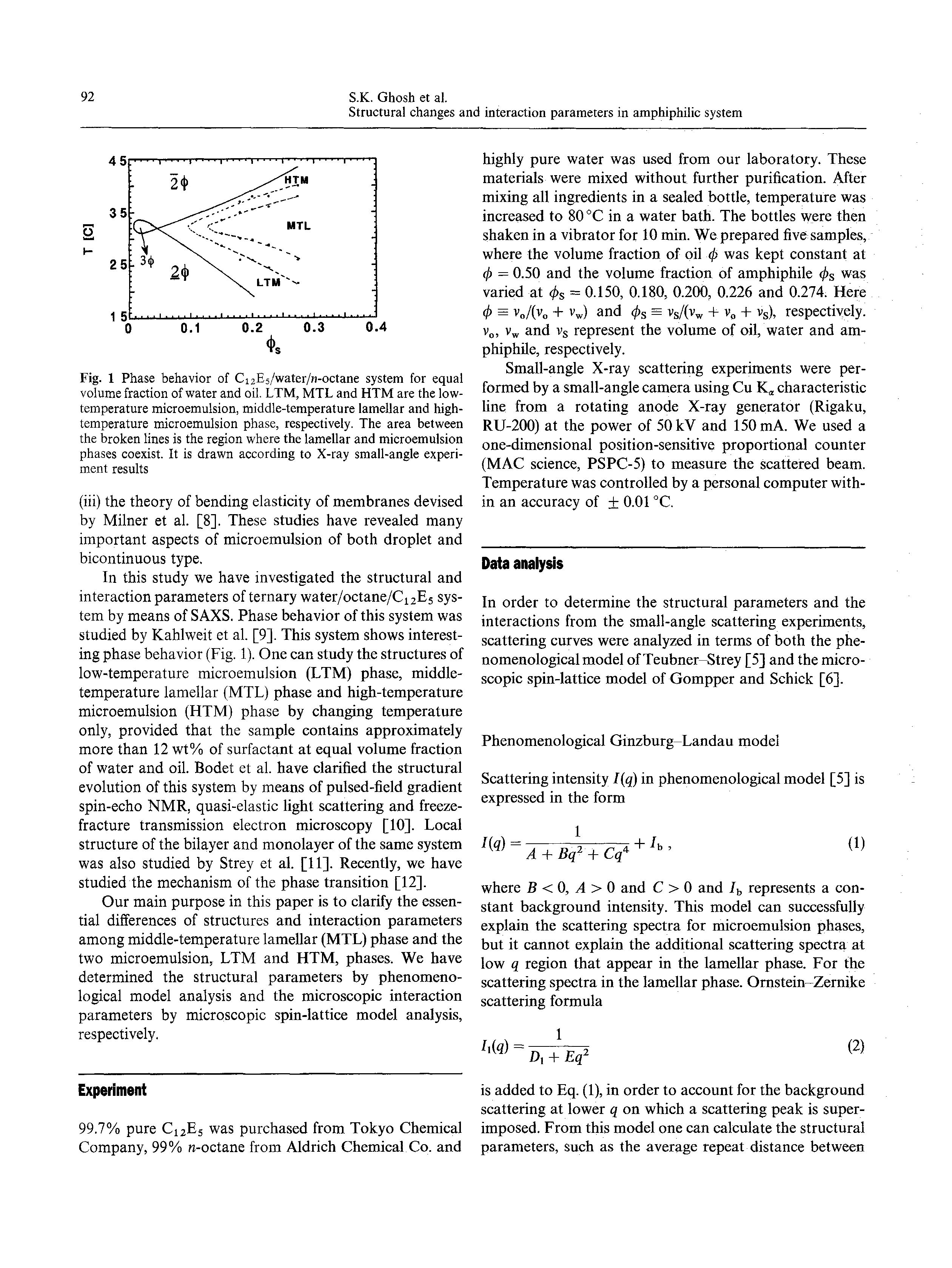 Fig. 1 Phase behavior of CijEs/water/n-octane system for equal volume fraction of water and oil. LTM, MTL and HTM are the low-temperature microemulsion, middle-temperature lamellar and high-temperature microemulsion phase, respectively. The area between the broken lines is the region where the lamellar and microemulsion phases coexist. It is drawn according to X-ray small-angle experiment results...