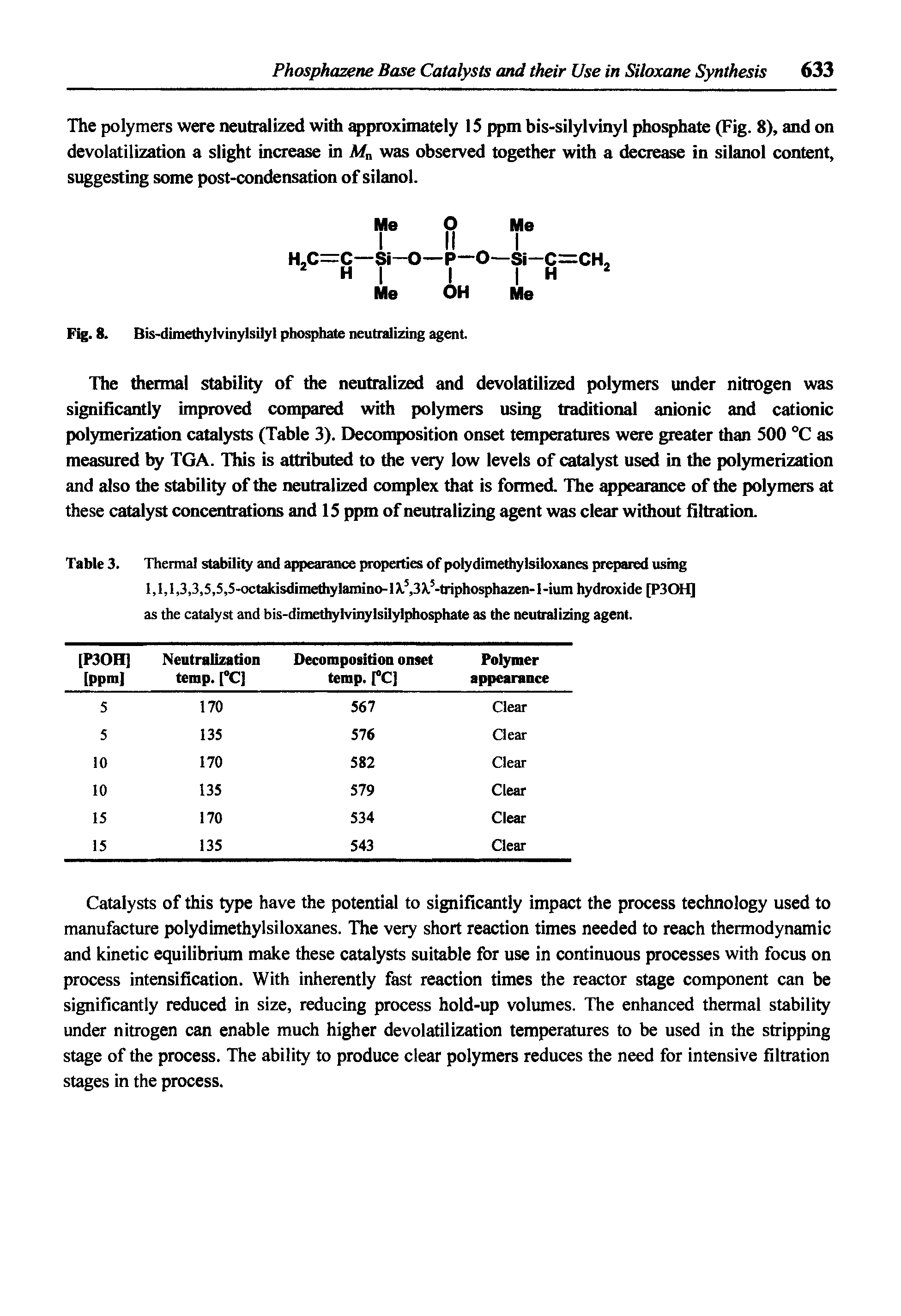 Table 3. Thermal stability and appearance properties of polydimethylsiloxanes prepared using l,l,l,3,3,5,5,5-octakisdimettiylaniino-lX ,3X, -triphosphazen-l-ium hydroxide [P30H] as the catalyst and bis-dimethylvinylsilylphosphate as the neutralizing agent.