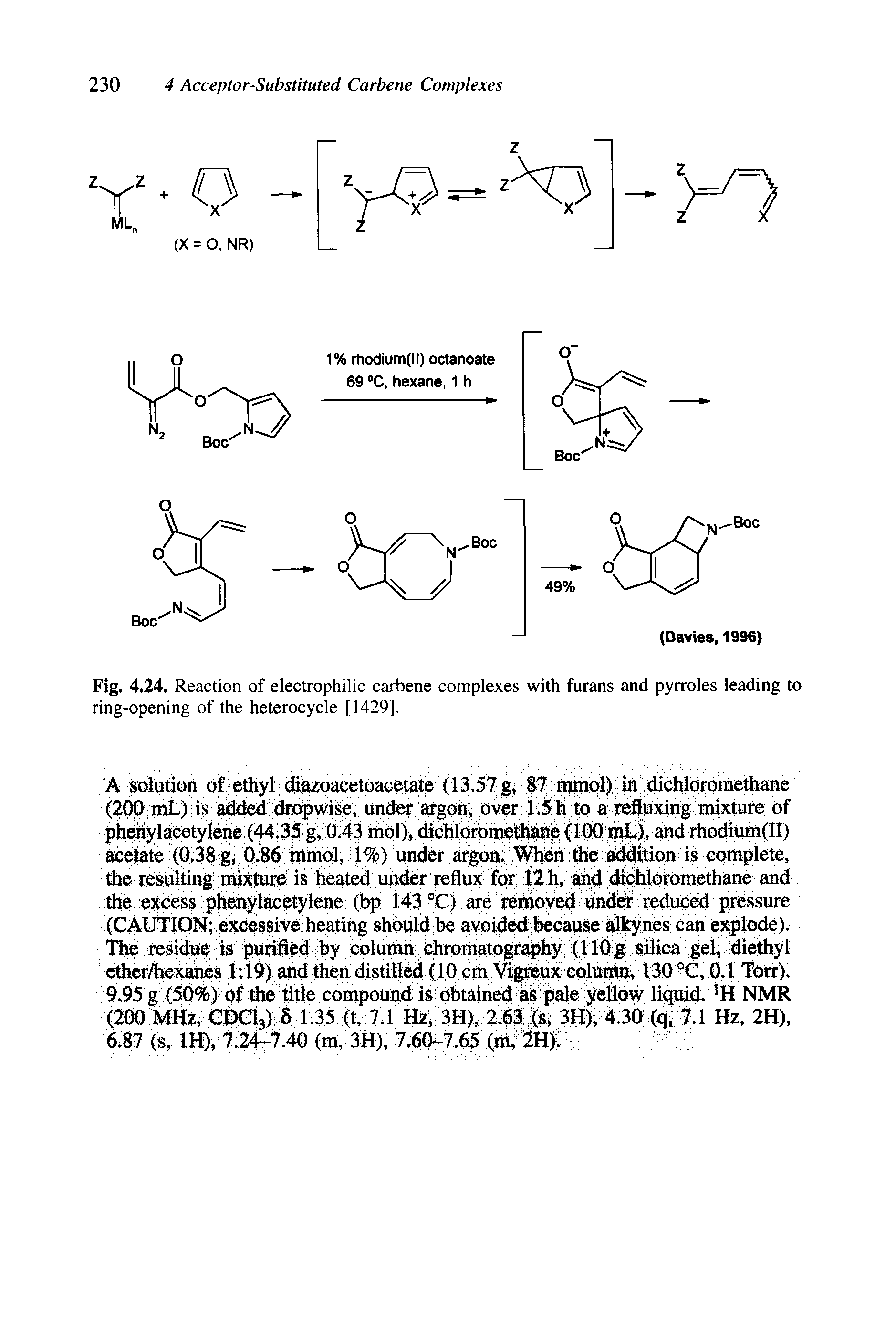 Fig. 4.24. Reaction of electrophilic carbene complexes with furans and pyrroles leading to ring-opening of the heterocycle [1429].