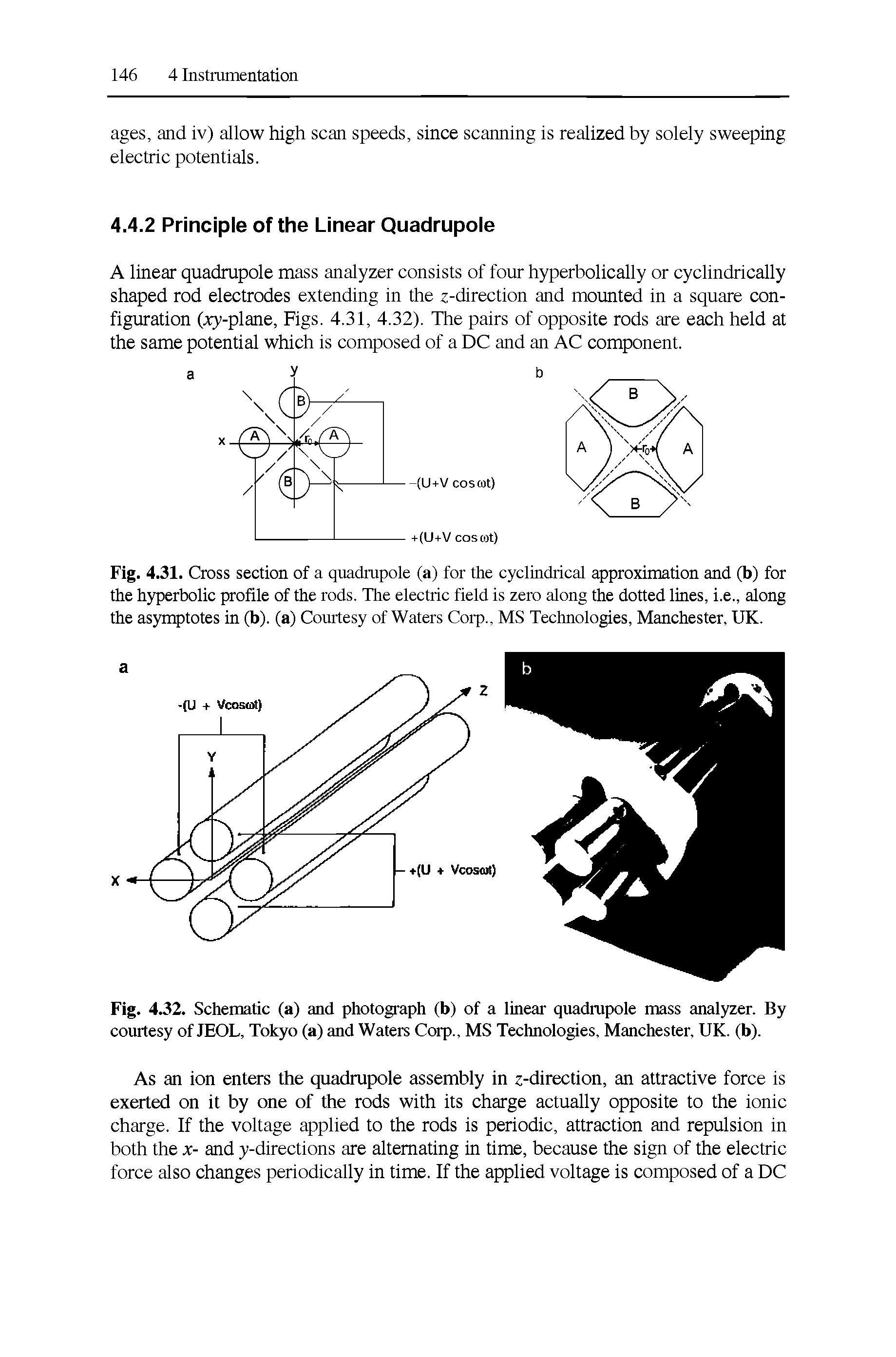 Fig. 4. 32. Schematic (a) and photograph (b) of a linear quadrupole mass analyzer. By courtesy of JEOL, Tokyo (a) and Waters Corp., MS Technologies, Manchester, UK. (b).
