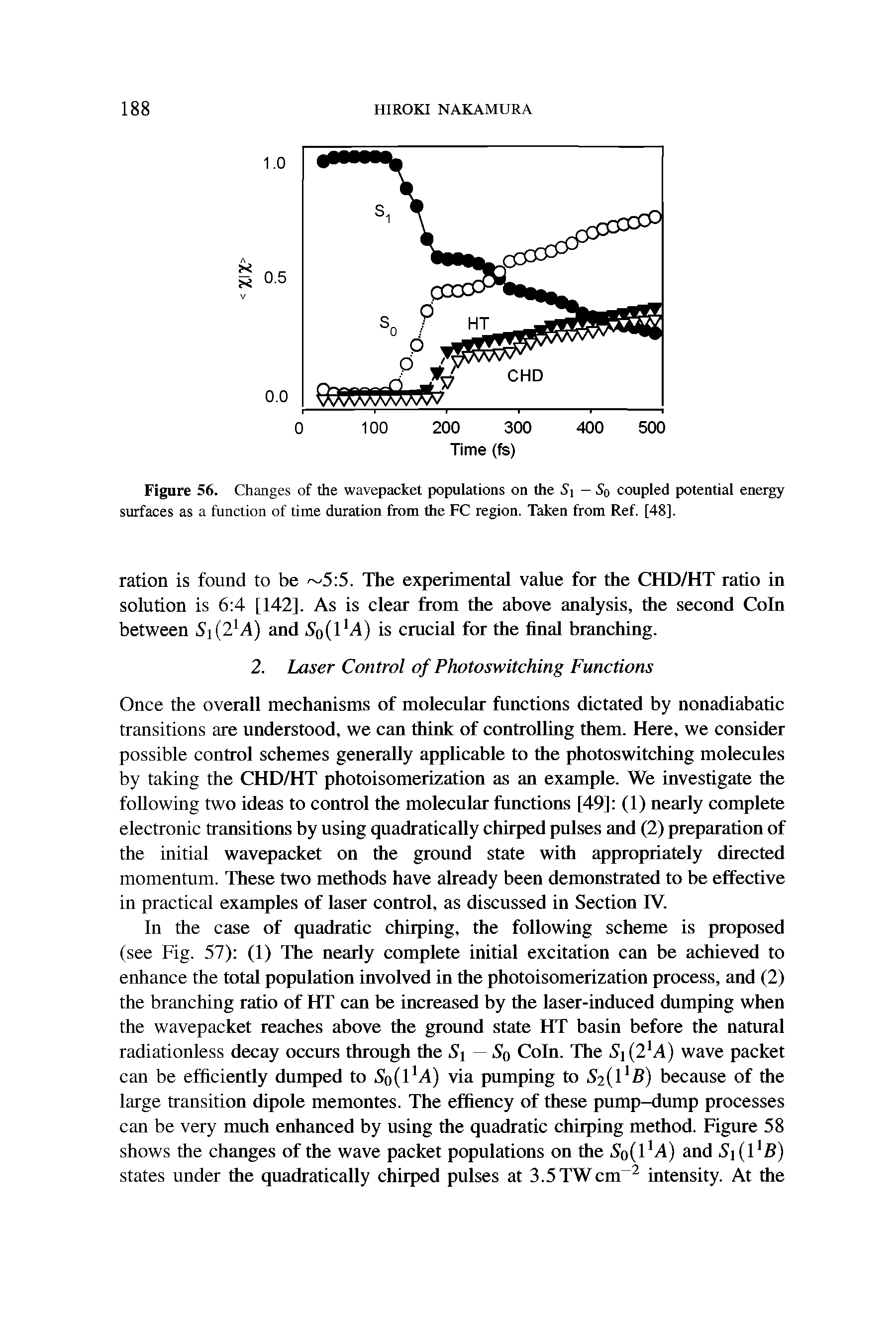 Figure 56. Changes of the wavepacket populations on the Si - So coupled potential energy surfaces as a function of time duration from the FC region. Taken from Ref. [48].