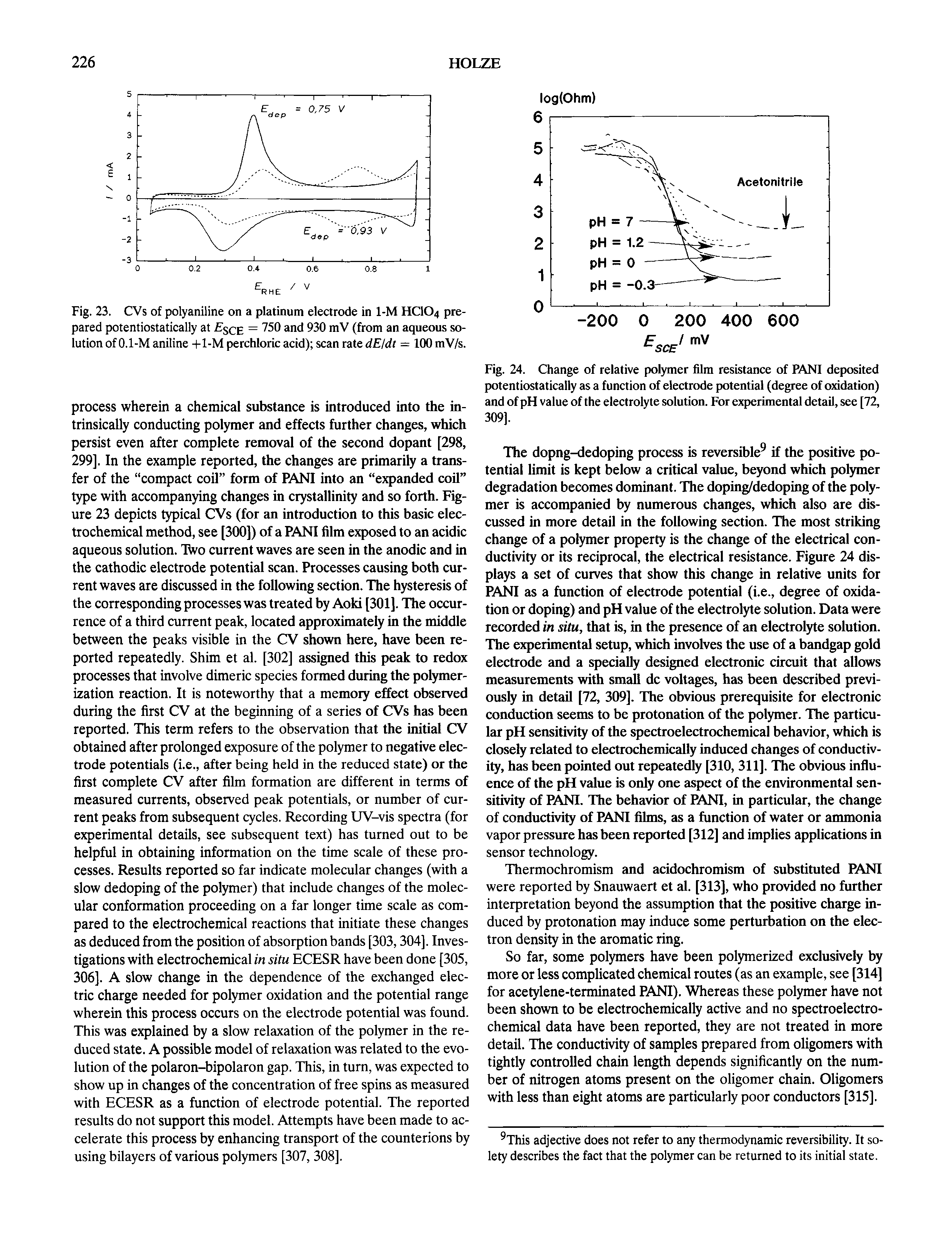 Fig. 24. Change of relative polymer film resistance of PANI deposited potentiostatically as a function of electrode [>otential (degree of oxidation) and of pH value of the electrolyte solution. For experimental detail, see [72, 309].