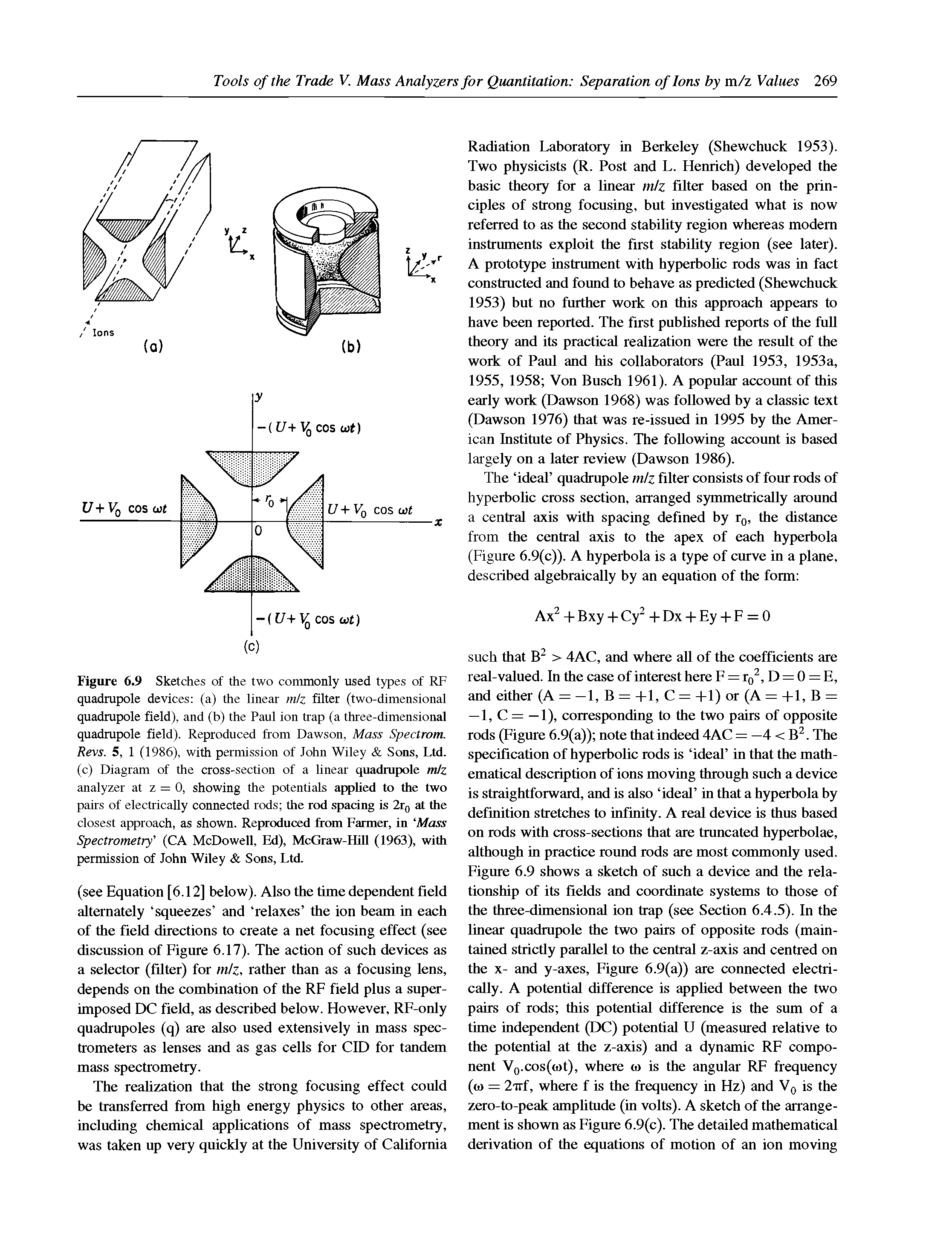 Figure 6.9 Sketches of the two commonly used types of RF quadrupole devices (a) the linear m/z filter (two-dimensional quadrupole field), and (b) the Paul ion trap (a three-dimensional quadrupole field). Reproduced from Dawson, Mass Spectrom. Revs. 5, 1 (1986), with permission of John Wiley Sons, Ltd. (c) Diagram of the cross-section of a linear quadrupole m/z analyzer at z = 0, showing the potentials applied to the two pairs of electrically connected rods the rod spacing is 2tq at the closest approach, as shown. Reproduced from Farmer, in Mass Spectrometry (CA McDowell, Ed), McGraw-Hill (1963), with permission of John Wiley Sons, Ltd.
