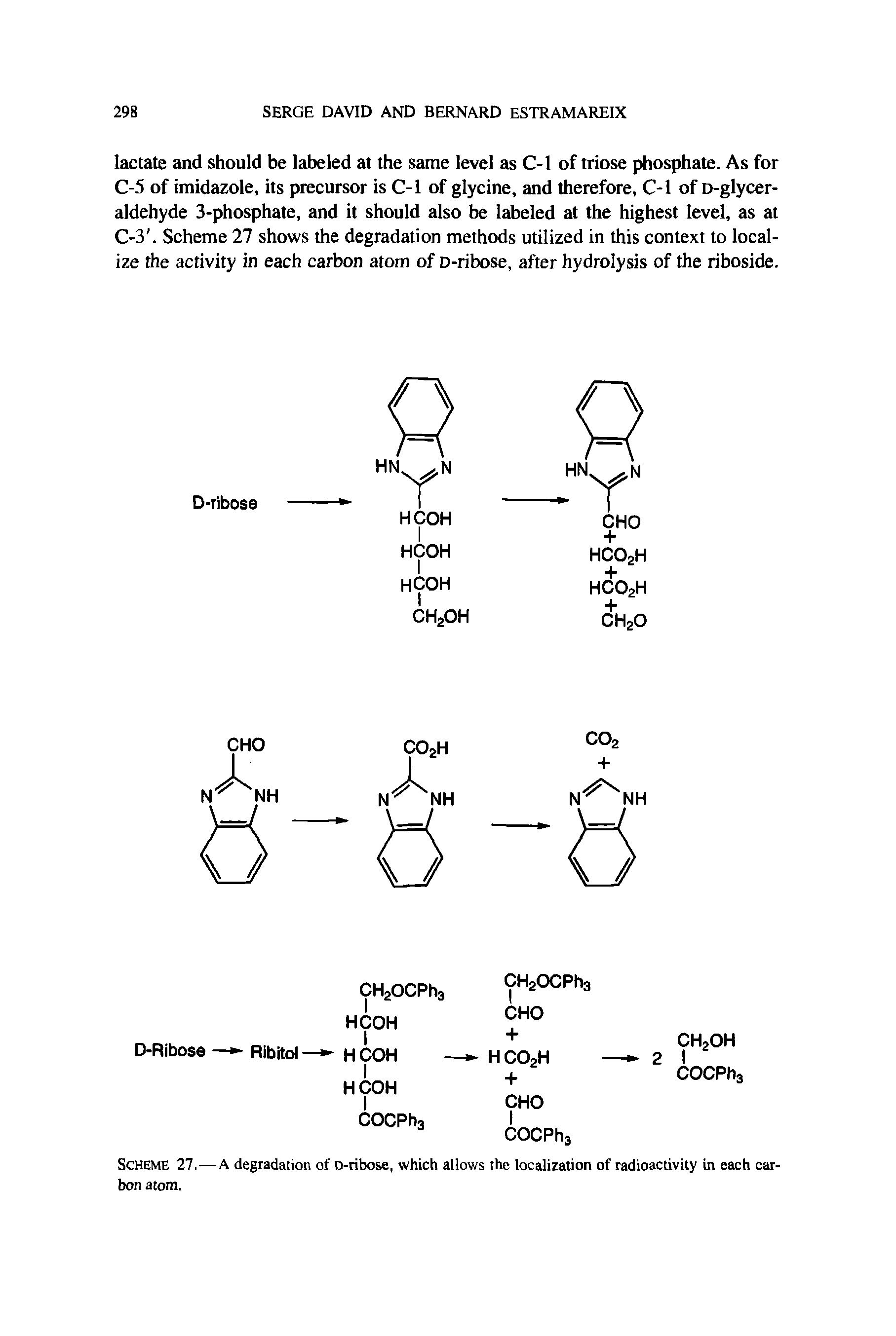 Scheme 27.—A degradation of D-ribose, which allows the localization of radioactivity in each carbon atom.