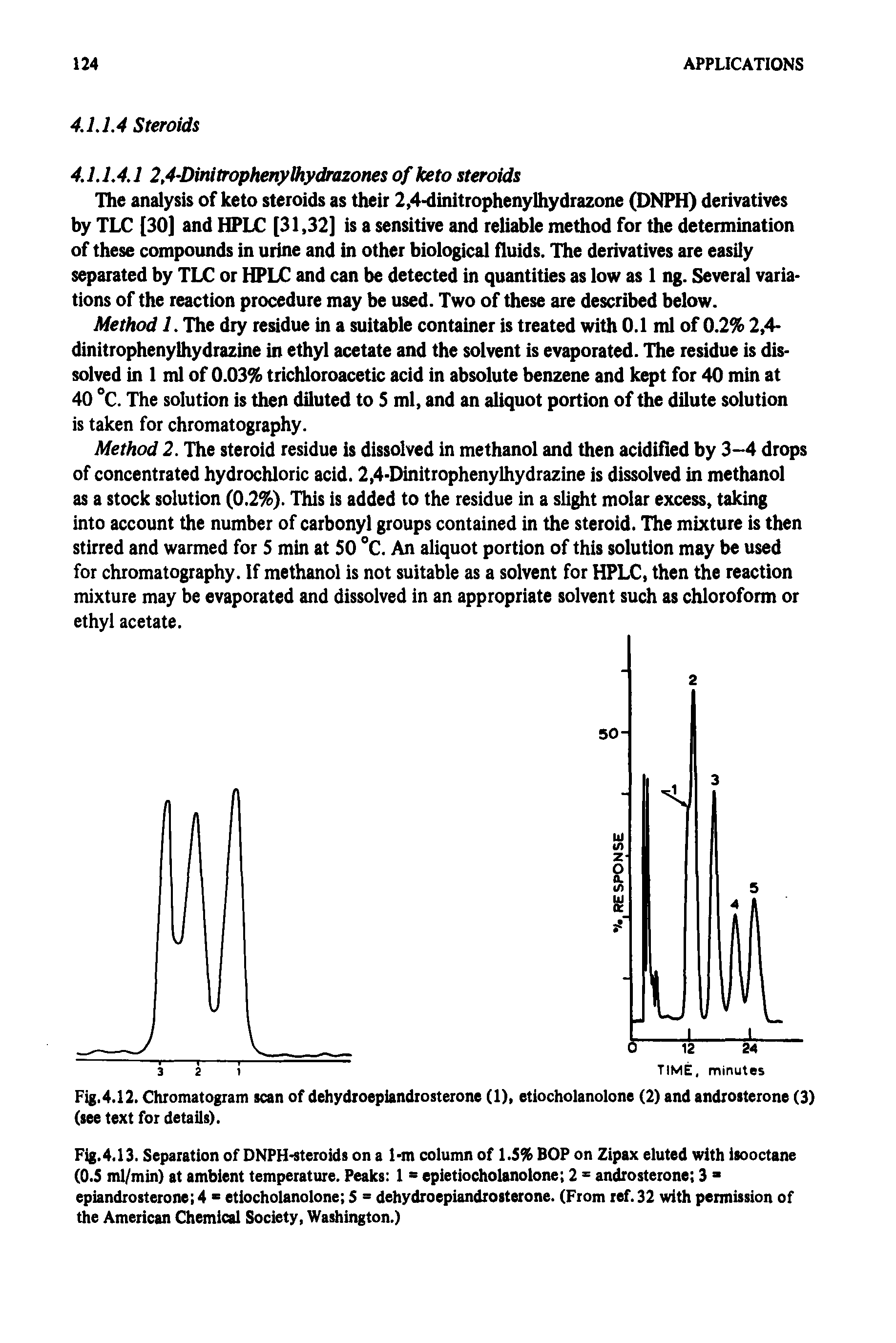 Fig.4.13. Separation of DNPH-steroids on a 1-m column of 1.3% BOP on Zipax eluted with isooctane (0.5 ml/min) at ambient temperature. Peaks 1 = epietiocholanolone 2 = androsterone 3 = epiandrosterone 4 = etiocholanolone S = dehydroepiandrosterone. (From ref. 32 with permission of the American Chemical Society, Washington.)...