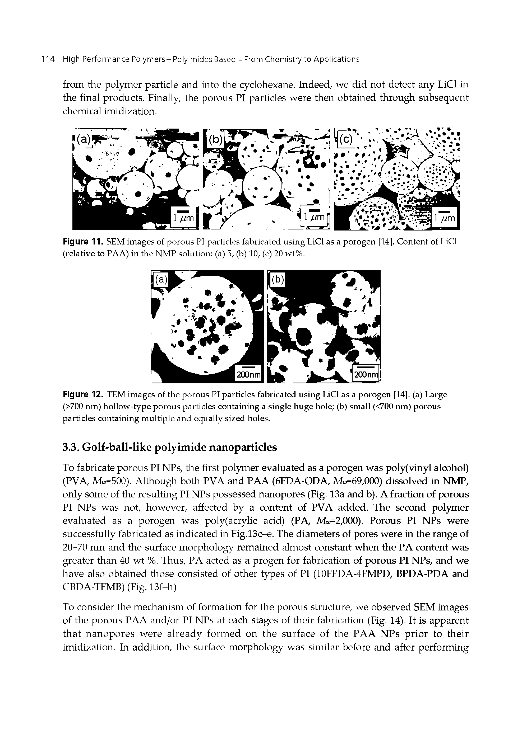 Figure 11. SEM images of porous PI particles fabricated using LiCl as a porogen [14]. Content of LiCl (relative to PAA) in the NMP solution (a) 5, (b) 10, (c) 20 wt%.