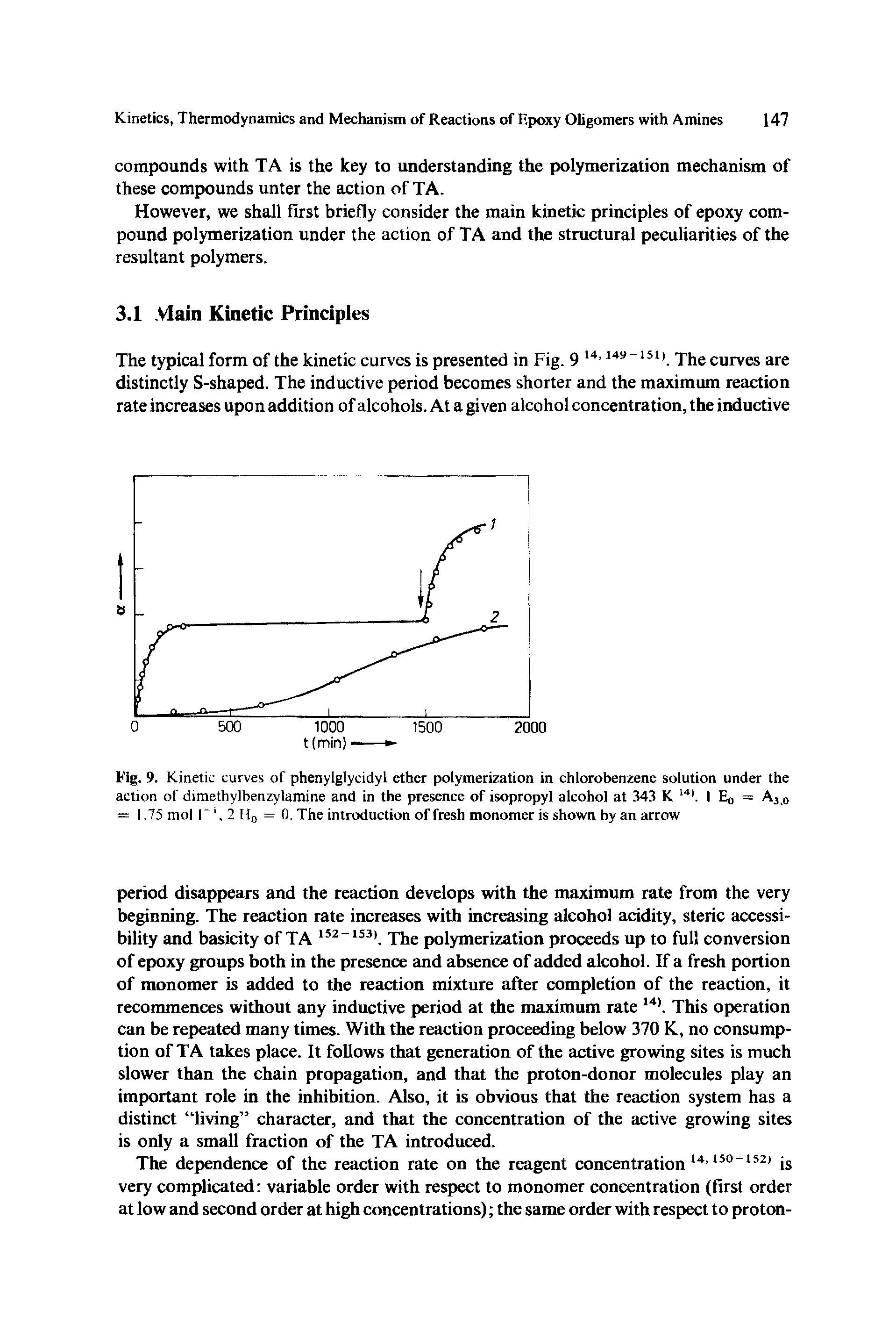 Fig. 9. Kinetic curves of phenylglycidyl ether polymerization in chlorobenzene solution under the action of dimethylbenzylamine and in the presence of isopropyl alcohol at 343 K 14). 1 E0 = A3 0 = 1.75 mol r, 2H0 = 0. The introduction of fresh monomer is shown by an arrow...