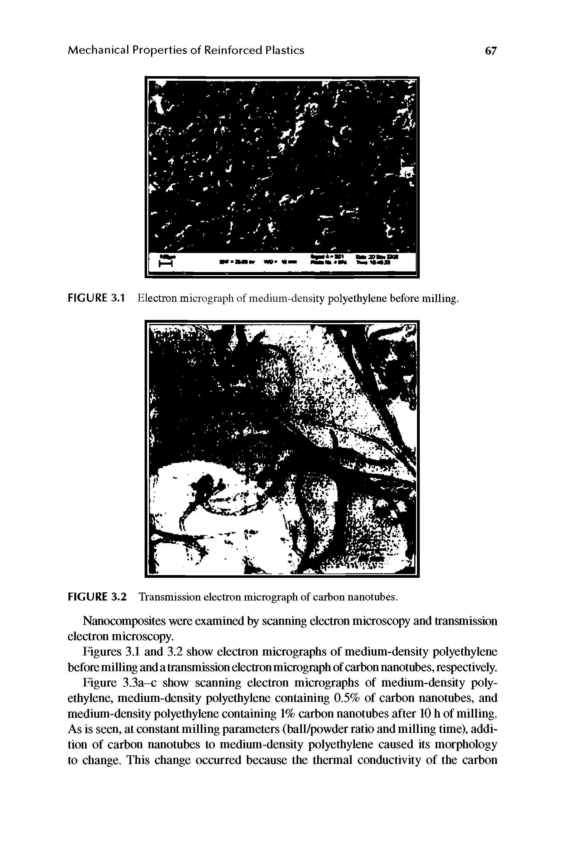 Figures 3.1 and 3.2 show electron micrographs of medium-density polyethylene before milling and a transmission electron micrograph of carbon nanotubes, respectively.