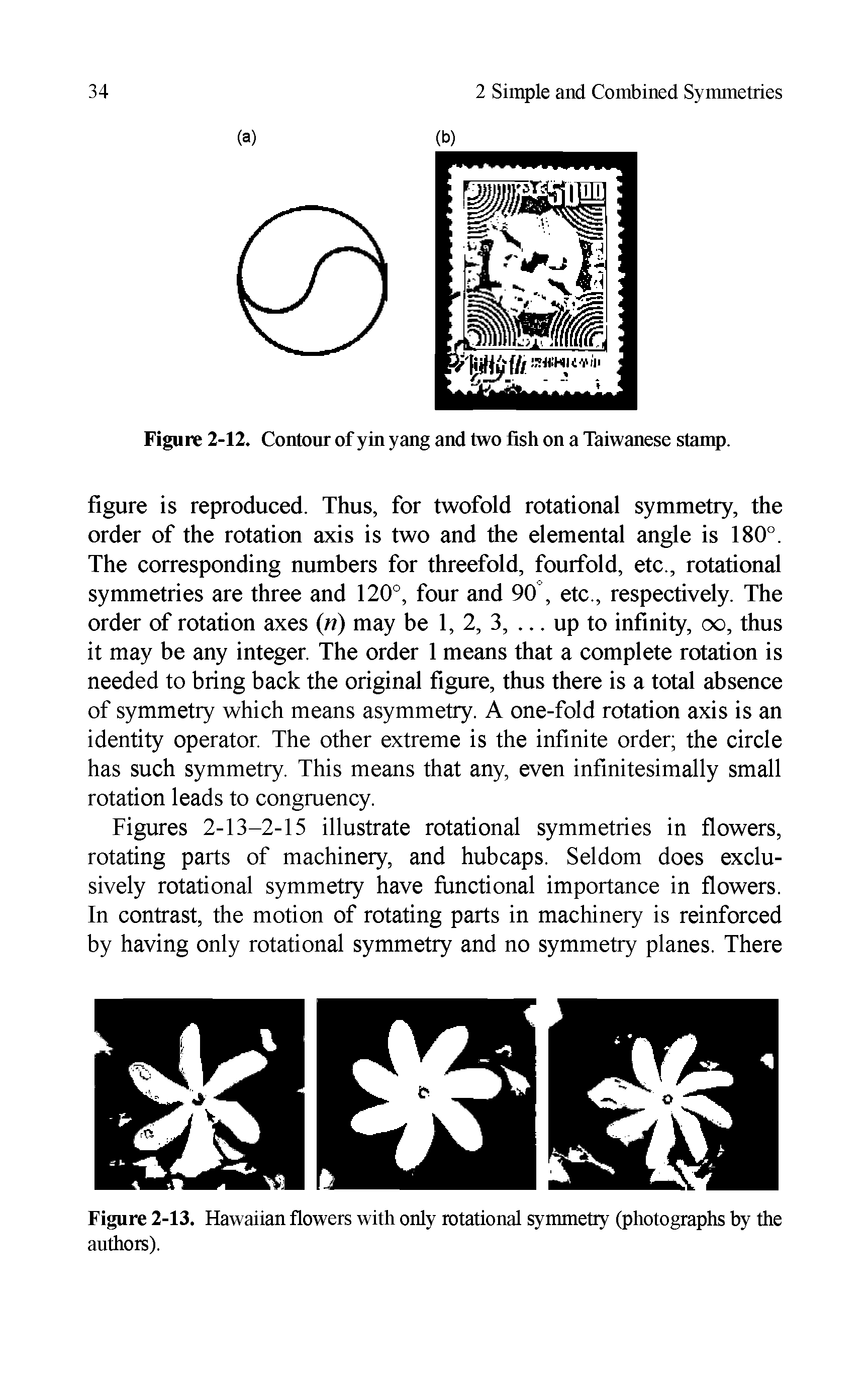 Figures 2-13-2-15 illustrate rotational symmetries in flowers, rotating parts of machinery, and hubcaps. Seldom does exclusively rotational symmetry have functional importance in flowers. In contrast, the motion of rotating parts in machinery is reinforced by having only rotational symmetry and no symmetry planes. There...