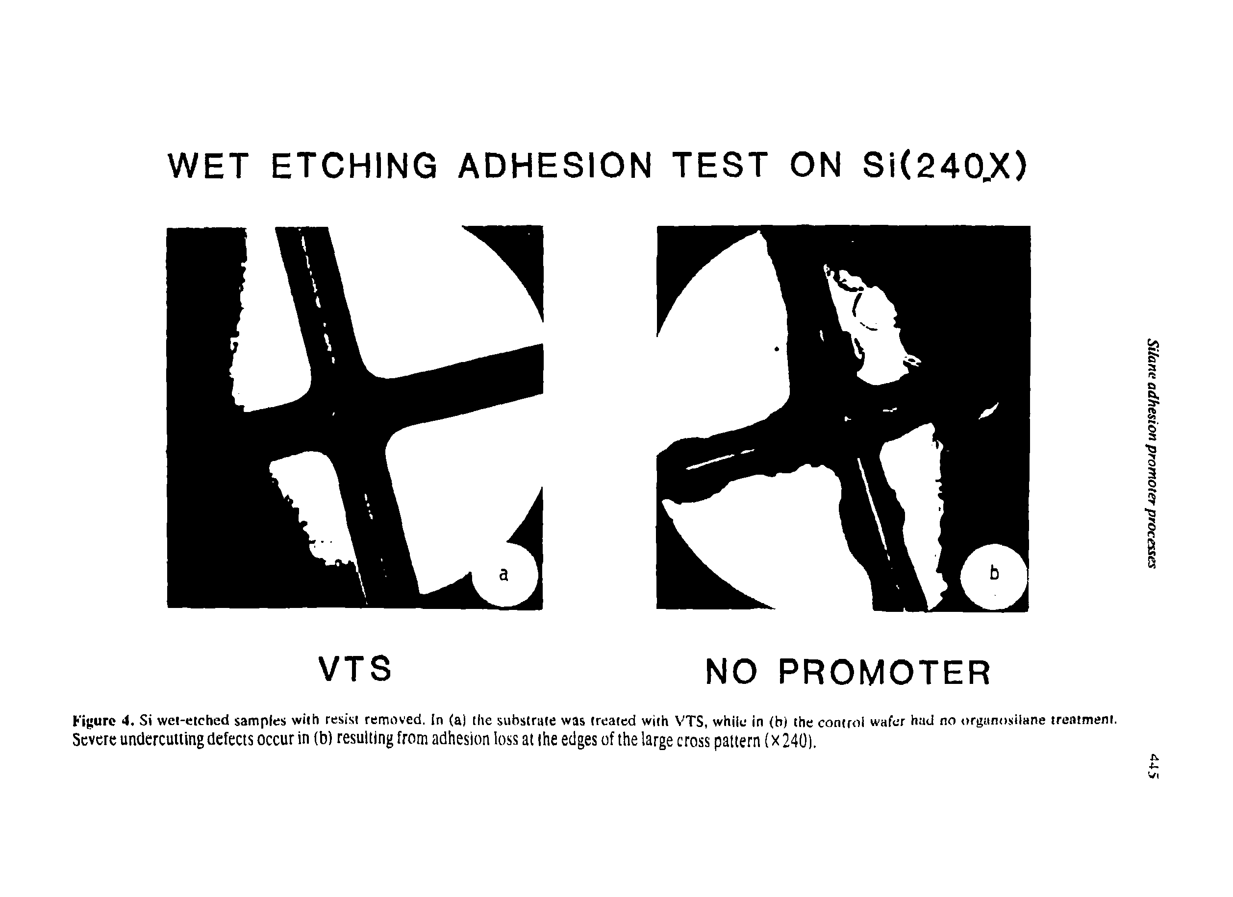 Figure 4. Si wei-etched samples with resist removed, in (al the substrate was treated with VTS, while in (b) the control wafer had no organosilane treatment.