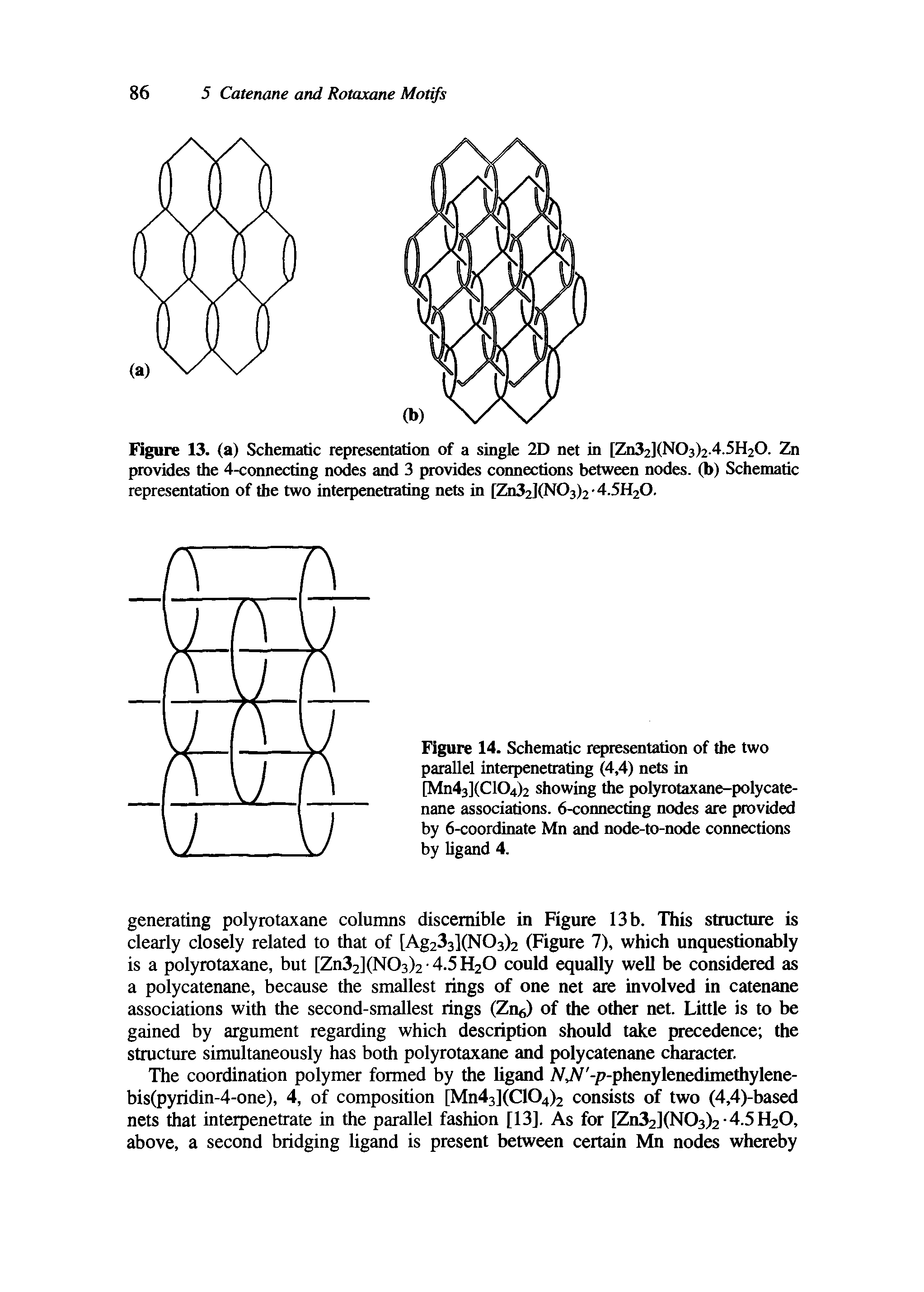 Figure 14. Schematic representation of the two parallel interpenetrating (4,4) nets in [Mn43](C104)2 showing the polyrotaxane-polycate-nane associations. 6-connecting nodes are provided by 6-coordinate Mn and node-to-node connections by ligand 4.