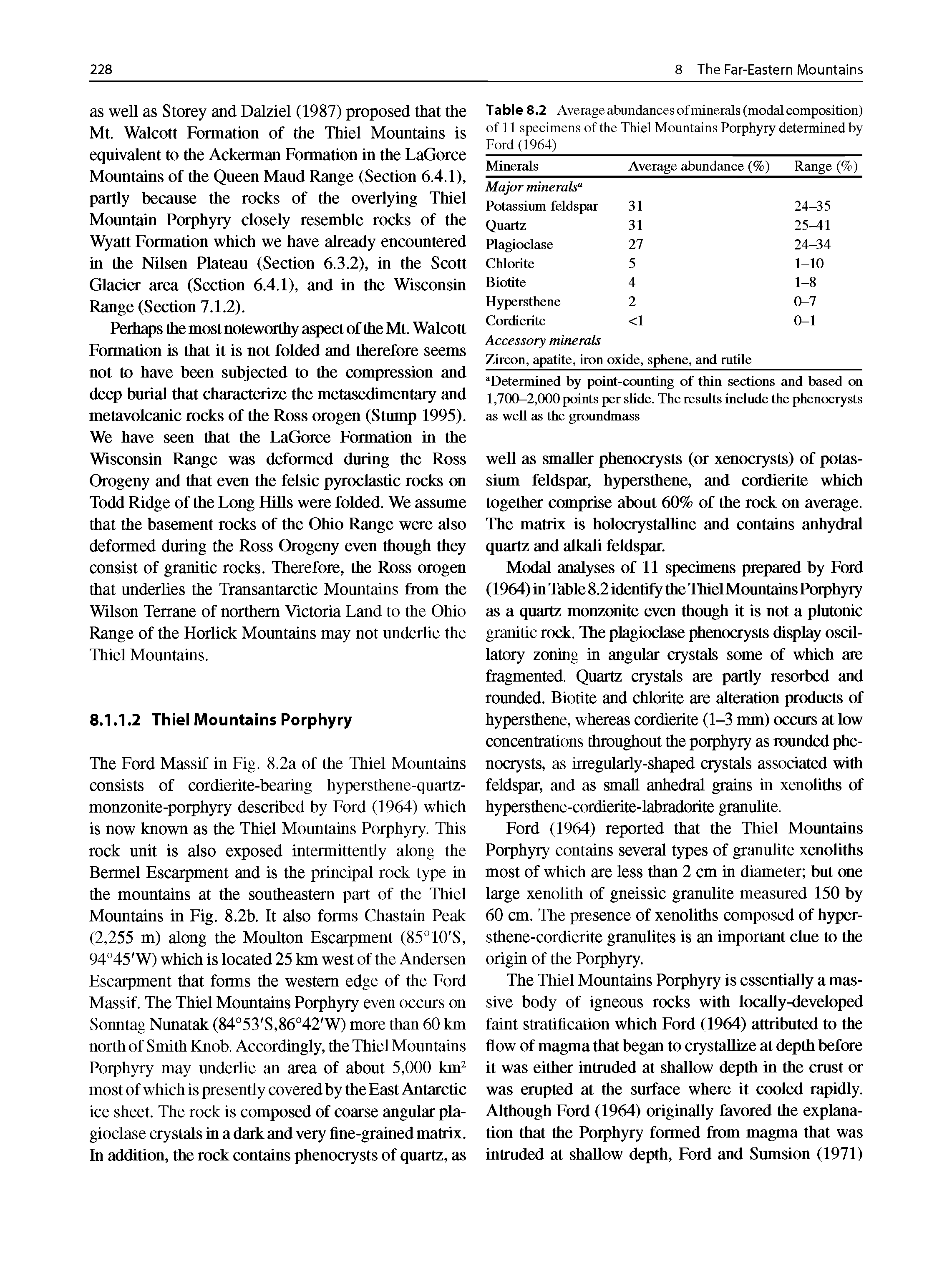 Table 8.2 Average abundances ofminerals (modal composition) of 11 specimens of the Thiel Mountains Porphyry determined by Ford (1964)...