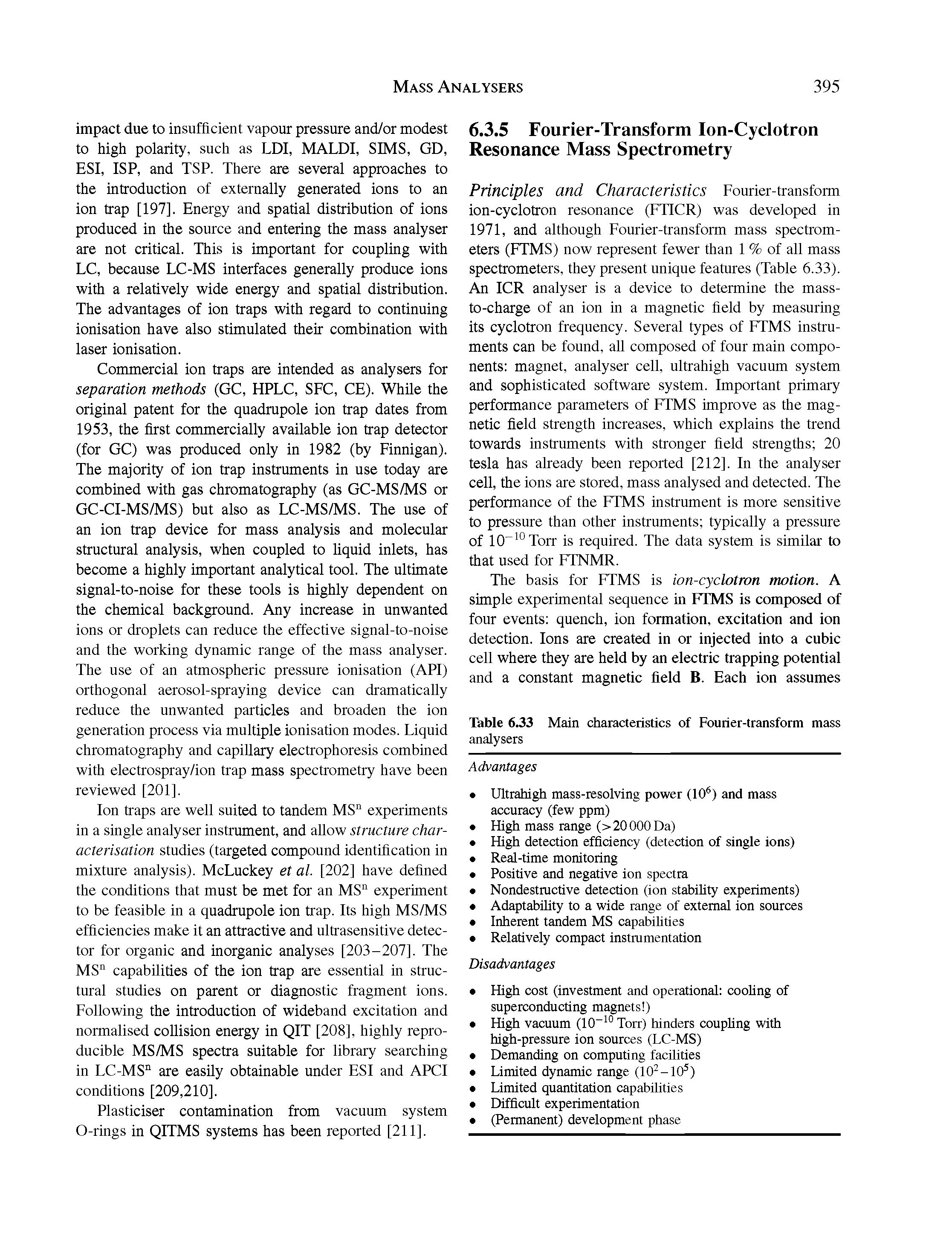 Table 6.33 Main characteristics of Fourier-transform mass analysers...