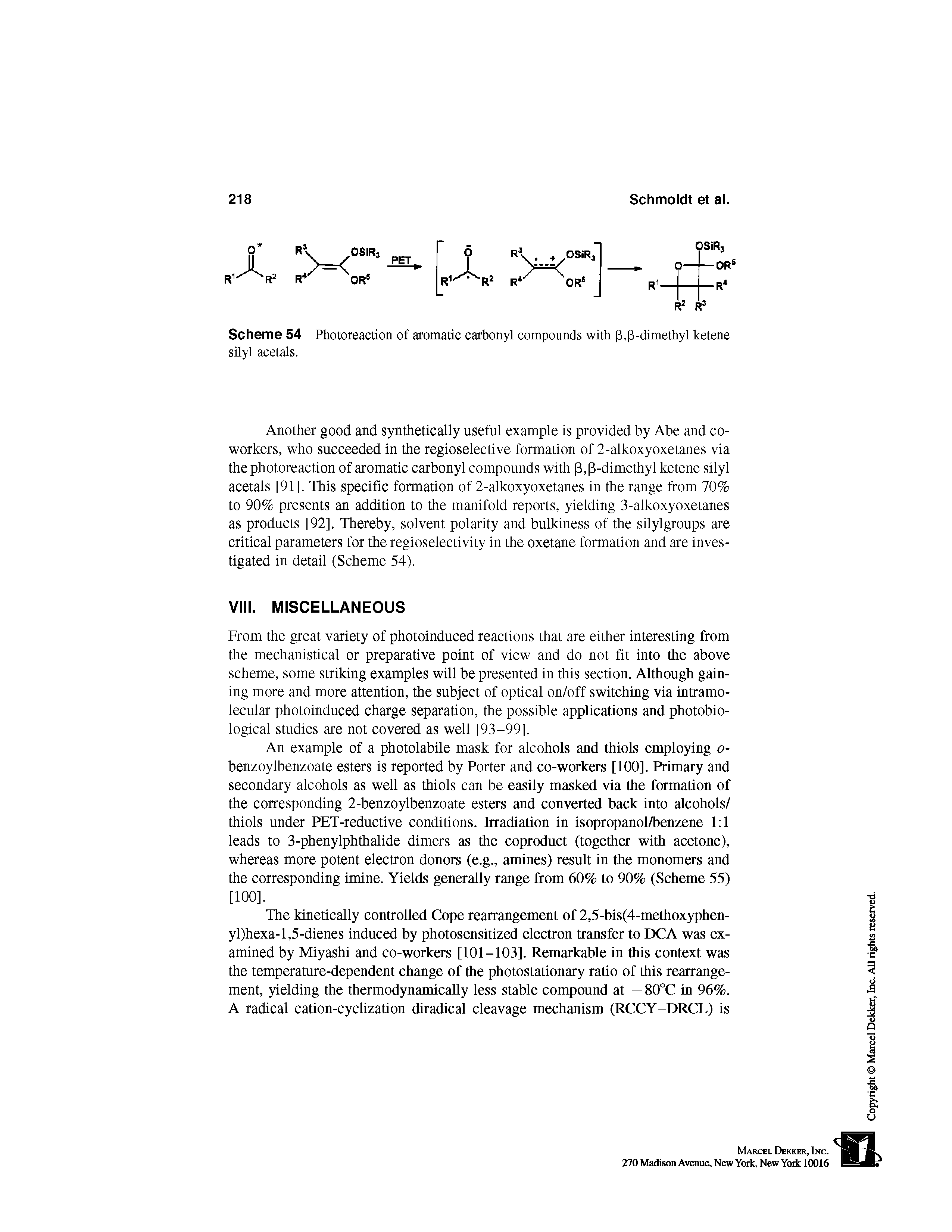 Scheme 54 Photoreaction of aromatic carbonyl compounds with p,p-dimethyl ketene silyl acetals.