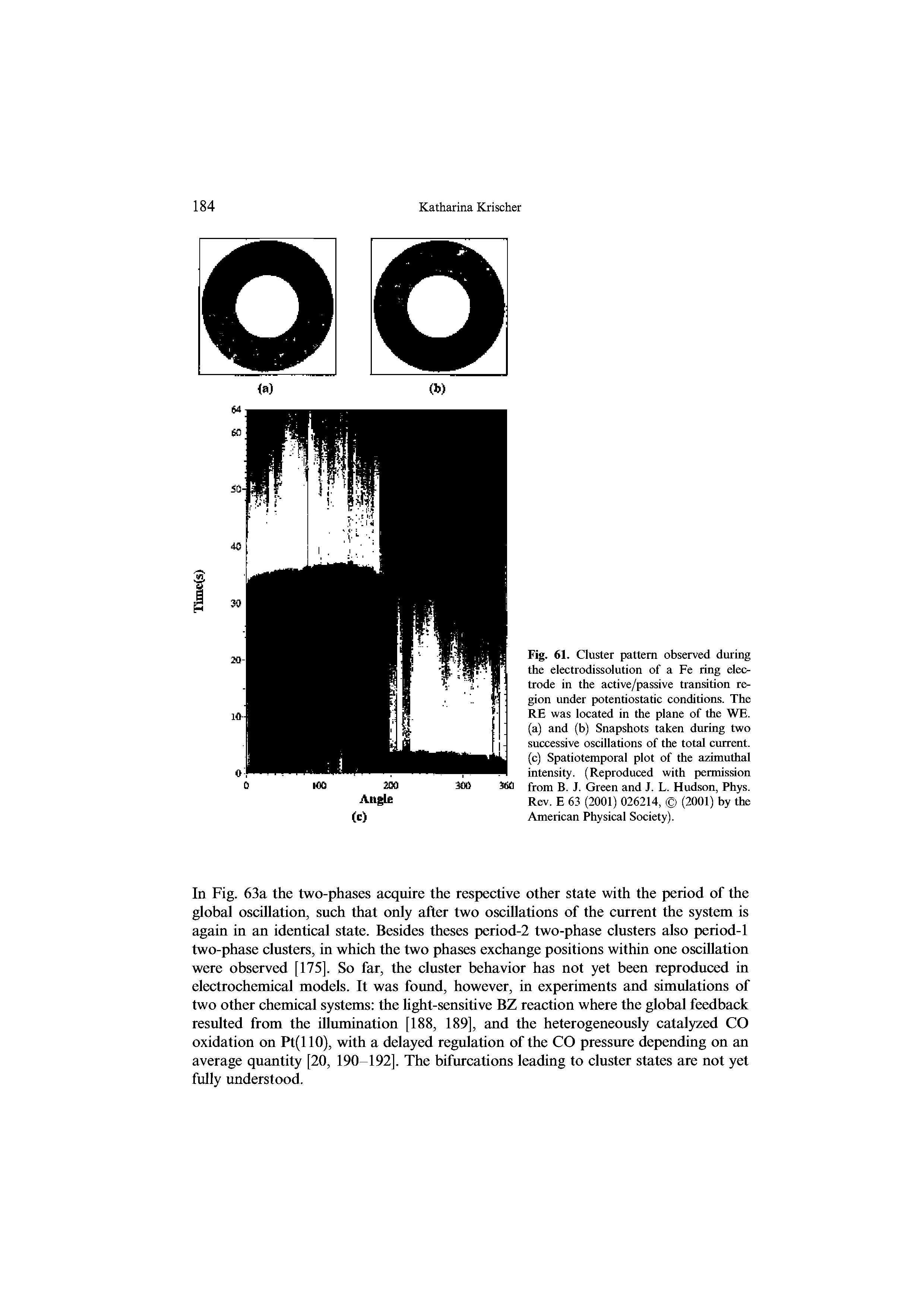 Fig. 61. Cluster pattern observed during the electrodissolution of a Fe ring electrode in the active/passive transition region under potentiostatic conditions. The RE was located in the plane of the WE. (a) and (b) Snapshots taken during two successive oscillations of the total current, (c) Spatiotemporal plot of the azimuthal intensity. (Reproduced with permission from B. J. Green and J. L. Hudson, Phys. Rev. E 63 (2001) 026214, (2001) by the American Physical Society).