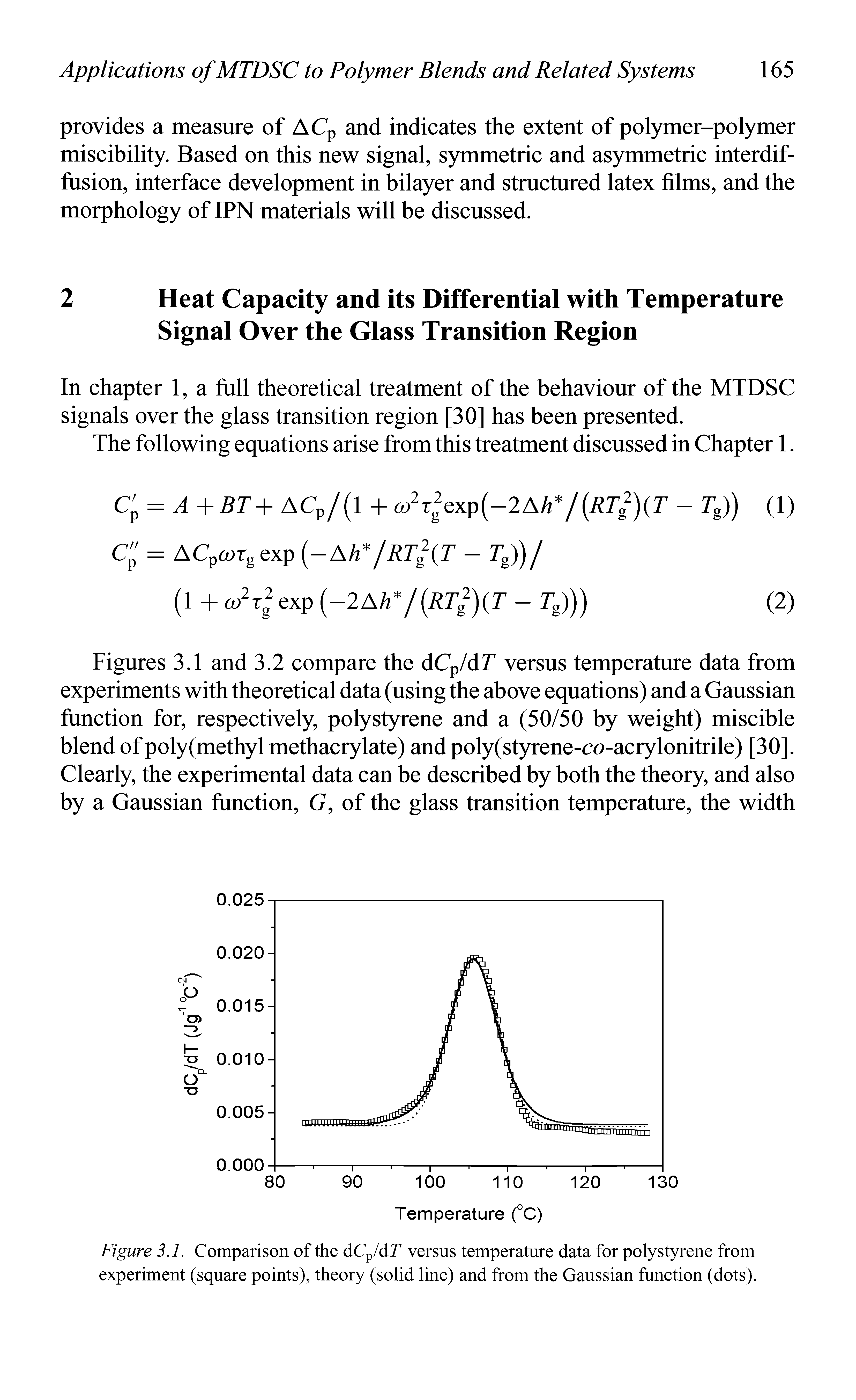 Figures 3.1 and 3.2 compare the dCp/dT versus temperature data from experiments with theoretical data (using the above equations) and a Gaussian function for, respectively, polystyrene and a (50/50 by weight) miscible blend of poly(methyl methacrylate) andpoly(styrene-co-acrylonitrile) [30]. Clearly, the experimental data can be described by both the theory, and also by a Gaussian function, G, of the glass transition temperature, the width...