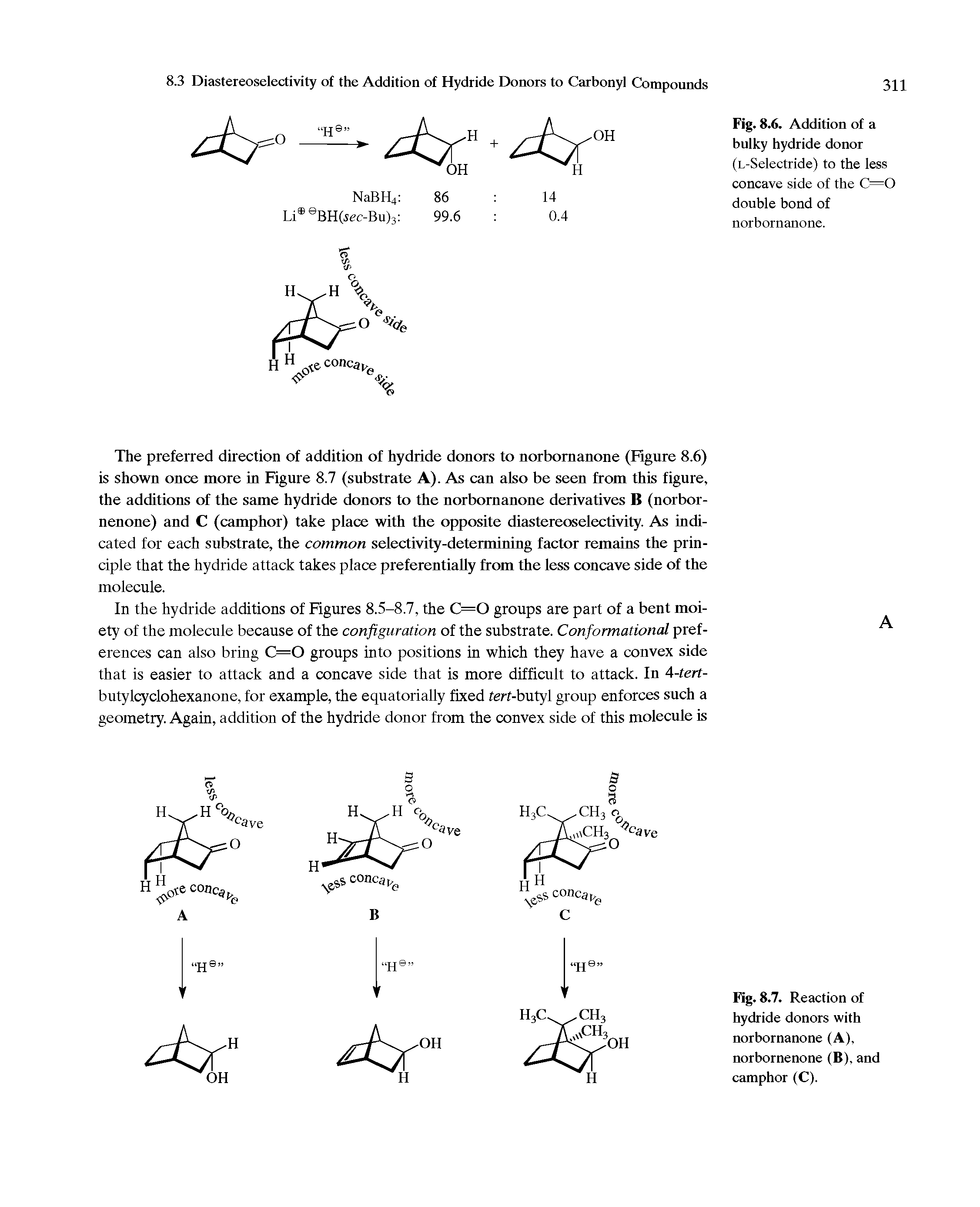 Fig. 8.7. Reaction of hydride donors with norbornanone (A), norbornenone (B), and camphor (C).