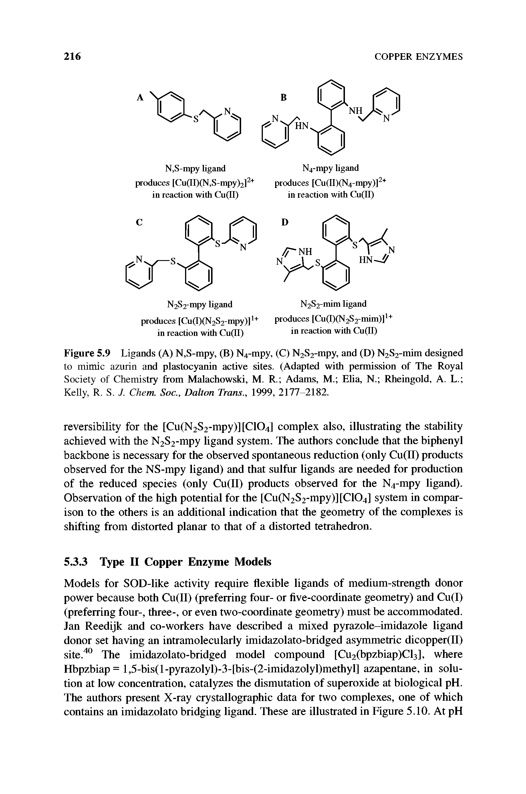 Figure 5.9 Ligands (A) N,S-mpy, (B) N4-mpy, (C) N2S2-mpy, and (D) N2S2-inim designed to mimic azurin and plastocyanin active sites. (Adapted with permission of The Royal Society of Chemistry from Malachowski, M. R. Adams, M. Elia, N. Rheingold, A. L. Kelly, R. S. J. Chem. Soc., Dalton Trans., 1999, 2177-2182.