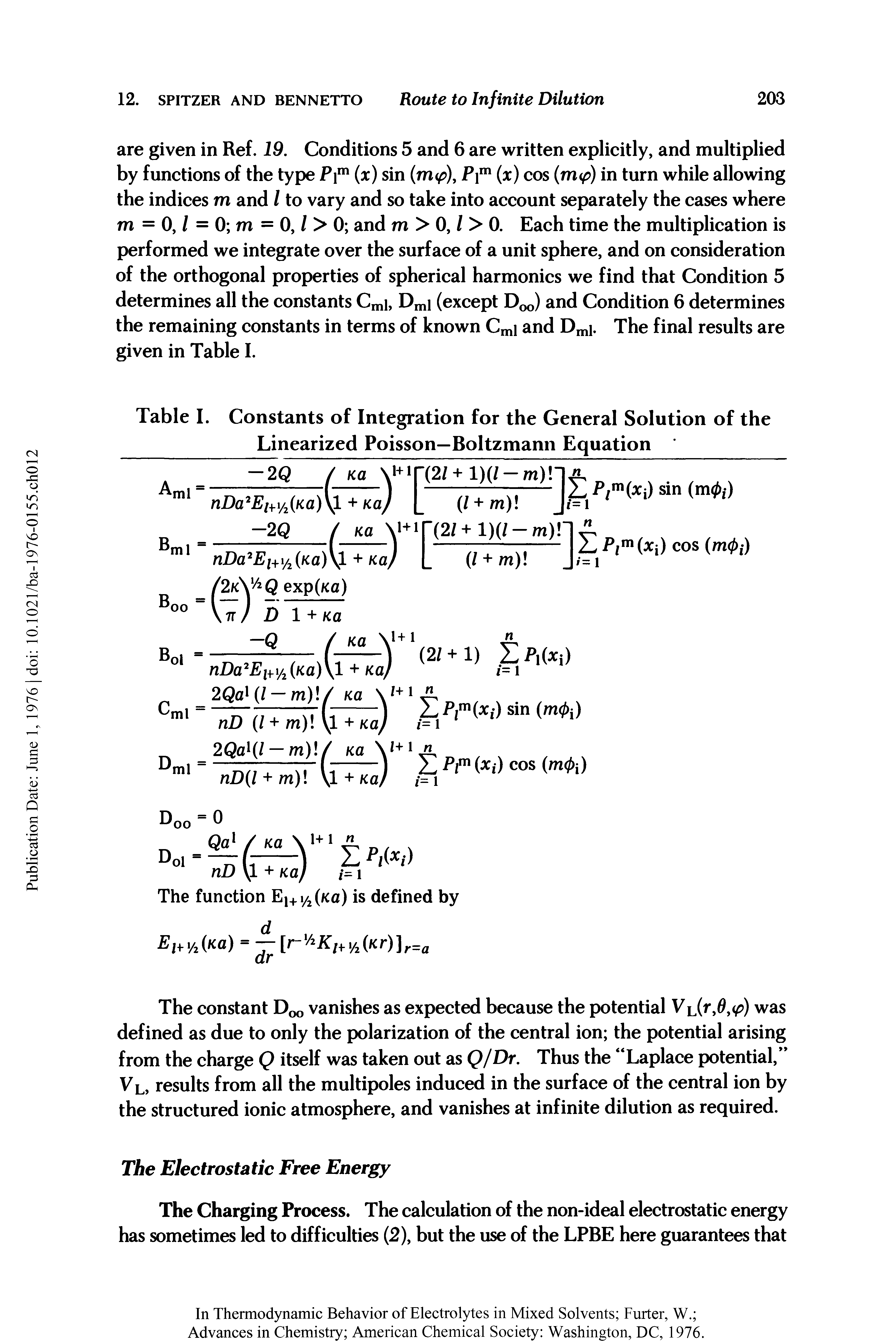 Table I. Constants of Integration for the General Solution of the Linearized Poisson—Boltzmann Equation...