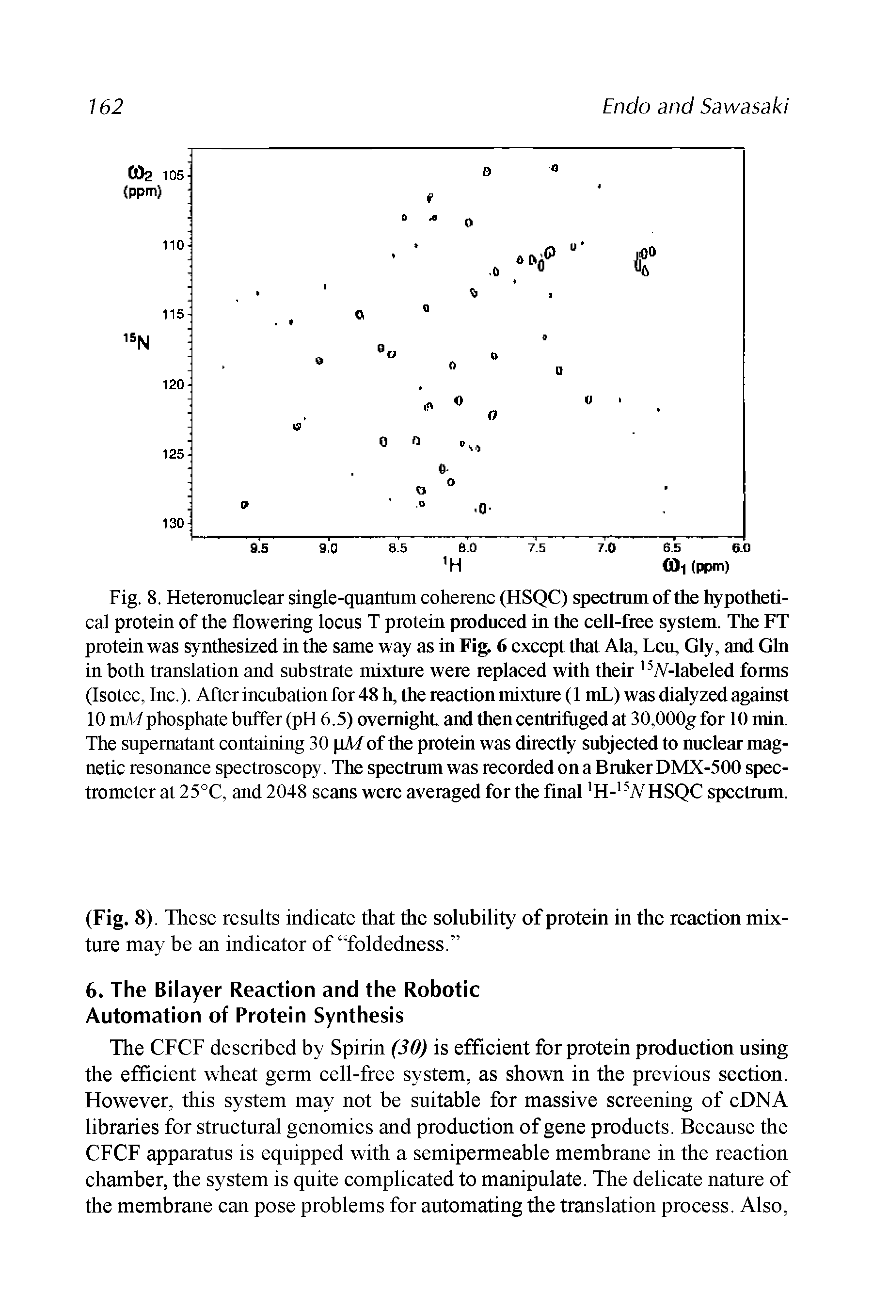 Fig. 8. Heteronuclear single-quantum coherenc (HSQC) spectrum of the hypothetical protein of the flowering locus T protein produced in the cell-free system. The FT protein was synthesized in the same way as in Fig. 6 except that Ala, Leu, Gly, and Gin in both translation and substrate mixture were replaced with their -labeled forms (Isotec, Inc ). After incubation for 48 h, the reaction mixture (1 mL) was dialyzed against 10 mMphosphate buffer (pH 6.5) overnight, and then centrifuged at 30,000g for 10 min. The supernatant containing 30 xMof the protein was directly subjected to nuclear magnetic resonance spectroscopy. The spectrum was recorded on a Broker DMX-500 spectrometer at 25°C, and 2048 scans were averaged for the final H- WHSQC spectrum.