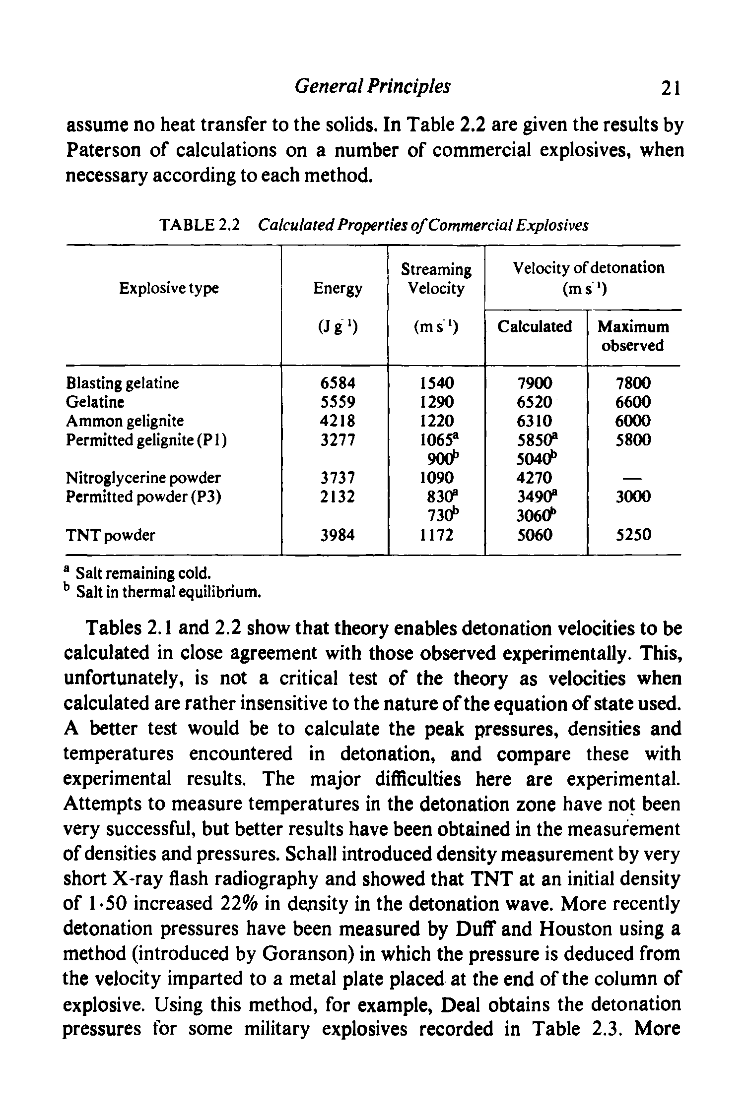 Tables 2.1 and 2.2 show that theory enables detonation velocities to be calculated in close agreement with those observed experimentally. This, unfortunately, is not a critical test of the theory as velocities when calculated are rather insensitive to the nature of the equation of state used. A better test would be to calculate the peak pressures, densities and temperatures encountered in detonation, and compare these with experimental results. The major difficulties here are experimental. Attempts to measure temperatures in the detonation zone have not been very successful, but better results have been obtained in the measurement of densities and pressures. Schall introduced density measurement by very short X-ray flash radiography and showed that TNT at an initial density of 1 -50 increased 22% in density in the detonation wave. More recently detonation pressures have been measured by Duff and Houston using a method (introduced by Goranson) in which the pressure is deduced from the velocity imparted to a metal plate placed at the end of the column of explosive. Using this method, for example, Deal obtains the detonation pressures for some military explosives recorded in Table 2.3. More...