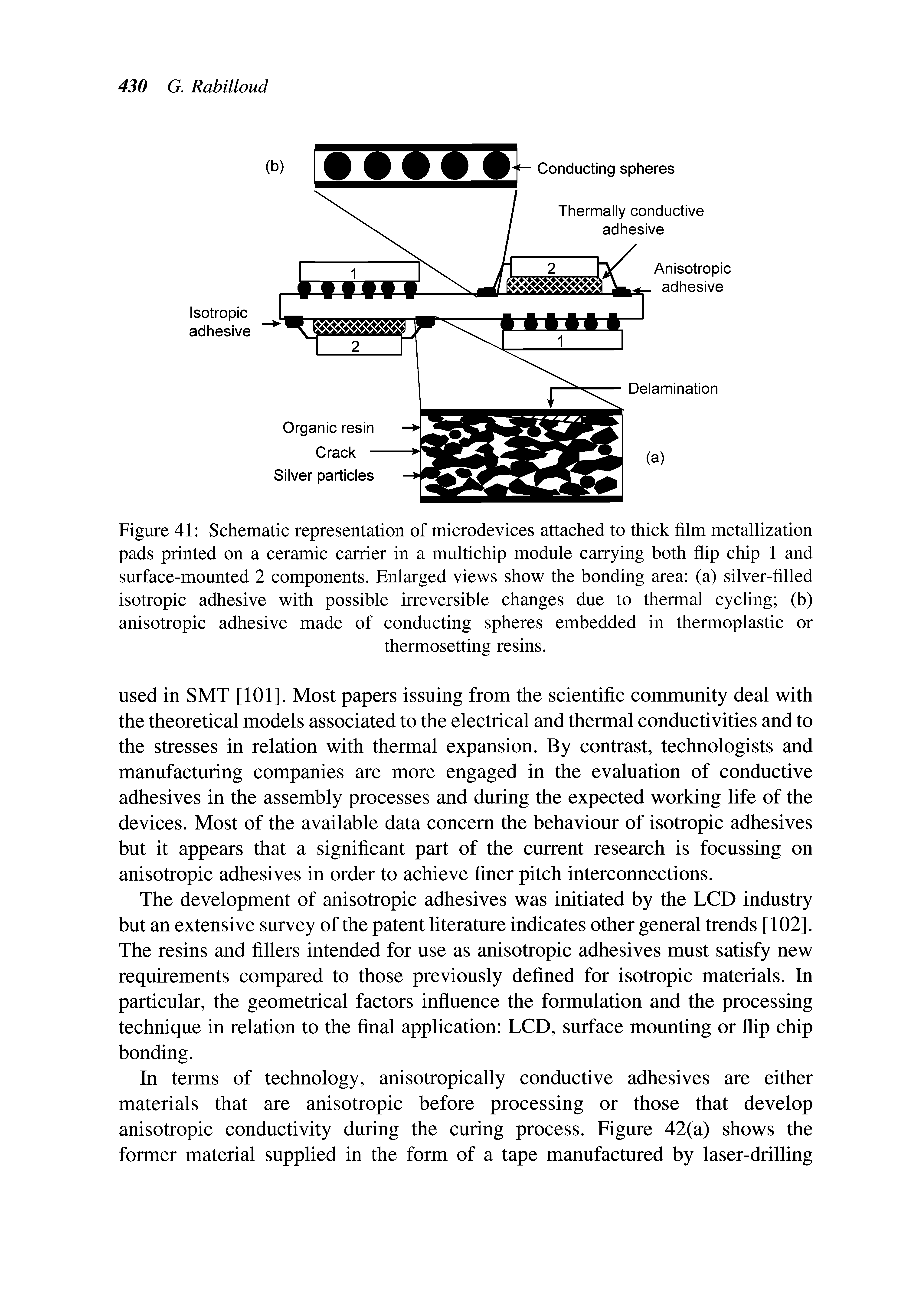 Figure 41 Schematic representation of microdevices attached to thick film metallization pads printed on a ceramic carrier in a multichip module carrying both flip chip 1 and surface-mounted 2 components. Enlarged views show the bonding area (a) silver-filled isotropic adhesive with possible irreversible changes due to thermal cycling (b) anisotropic adhesive made of conducting spheres embedded in thermoplastic or...