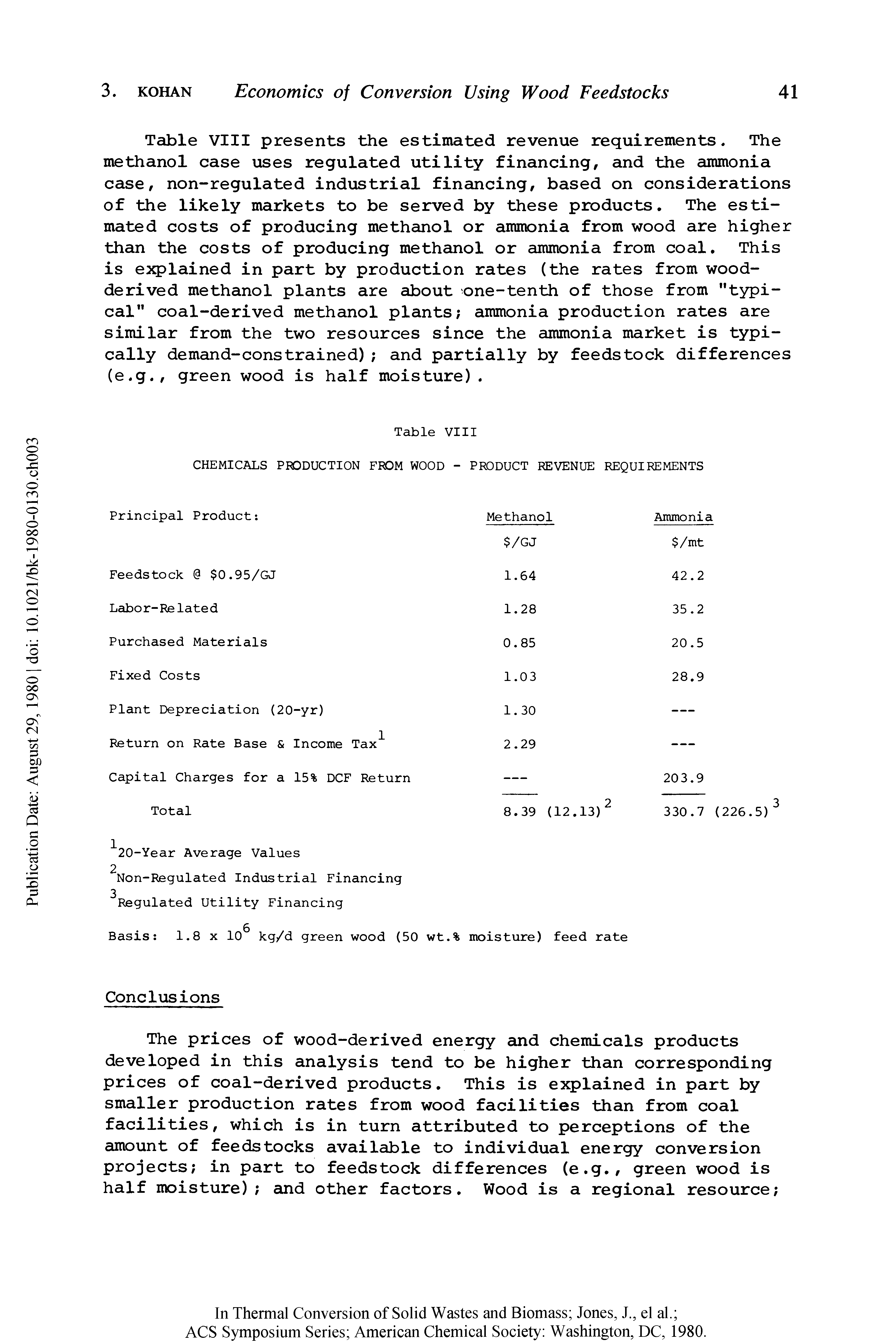 Table VIII presents the estimated revenue requirements. The methanol case uses regulated utility financing, and the ammonia case, non-regulated industrial financing, based on considerations of the likely markets to be served by these products. The estimated costs of producing methanol or ammonia from wood are higher than the costs of producing methanol or ammonia from coal. This is ejqplained in part by production rates (the rates from wood-derived methanol plants are about one-tenth of those from "typical" coal-derived methanol plants ammonia production rates are similar from the two resources since the ammonia market is typically demand-constrained) and partially by feedstock differences (e.g., green wood is half moisture).